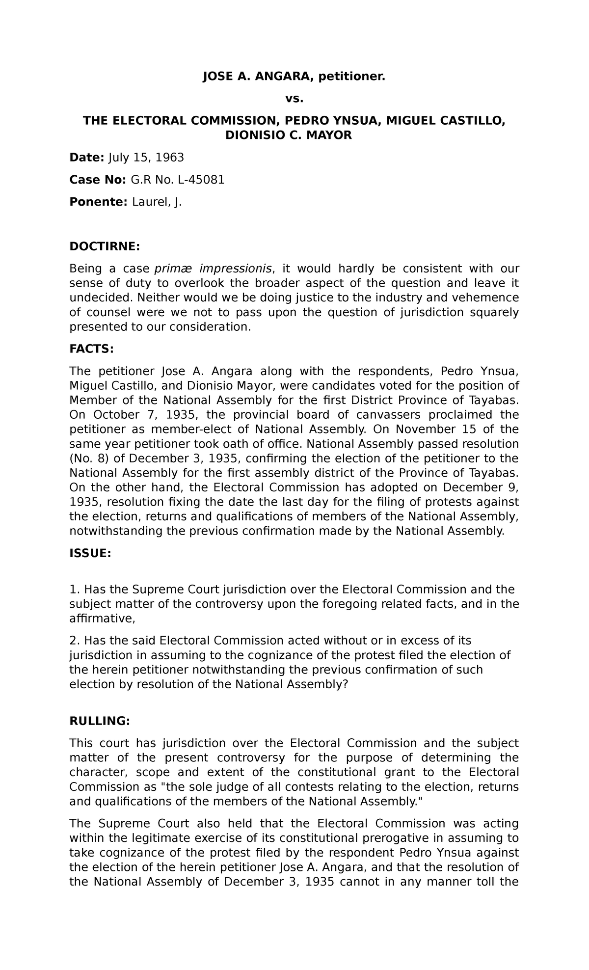 G.R No. L-45081 - JOSE A. ANGARA, petitioner. vs. THE ELECTORAL ...