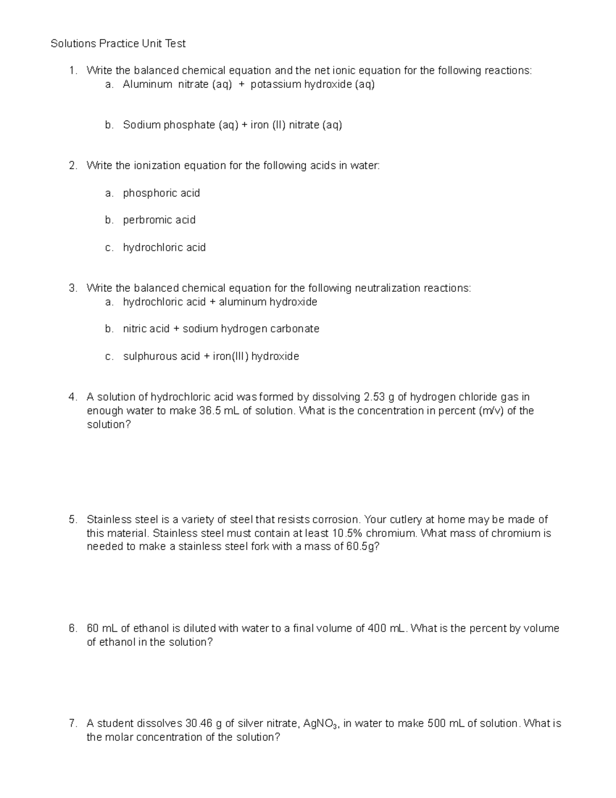 Practice test for solutions - Solutions Practice Unit Test 1. Write the ...