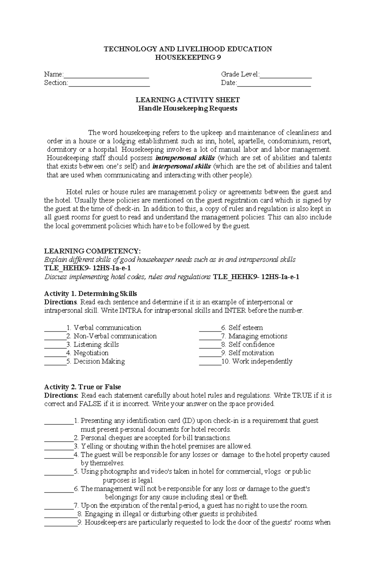 LAS-Q1W1- Housekeeping 10 - TECHNOLOGY AND LIVELIHOOD EDUCATION ...