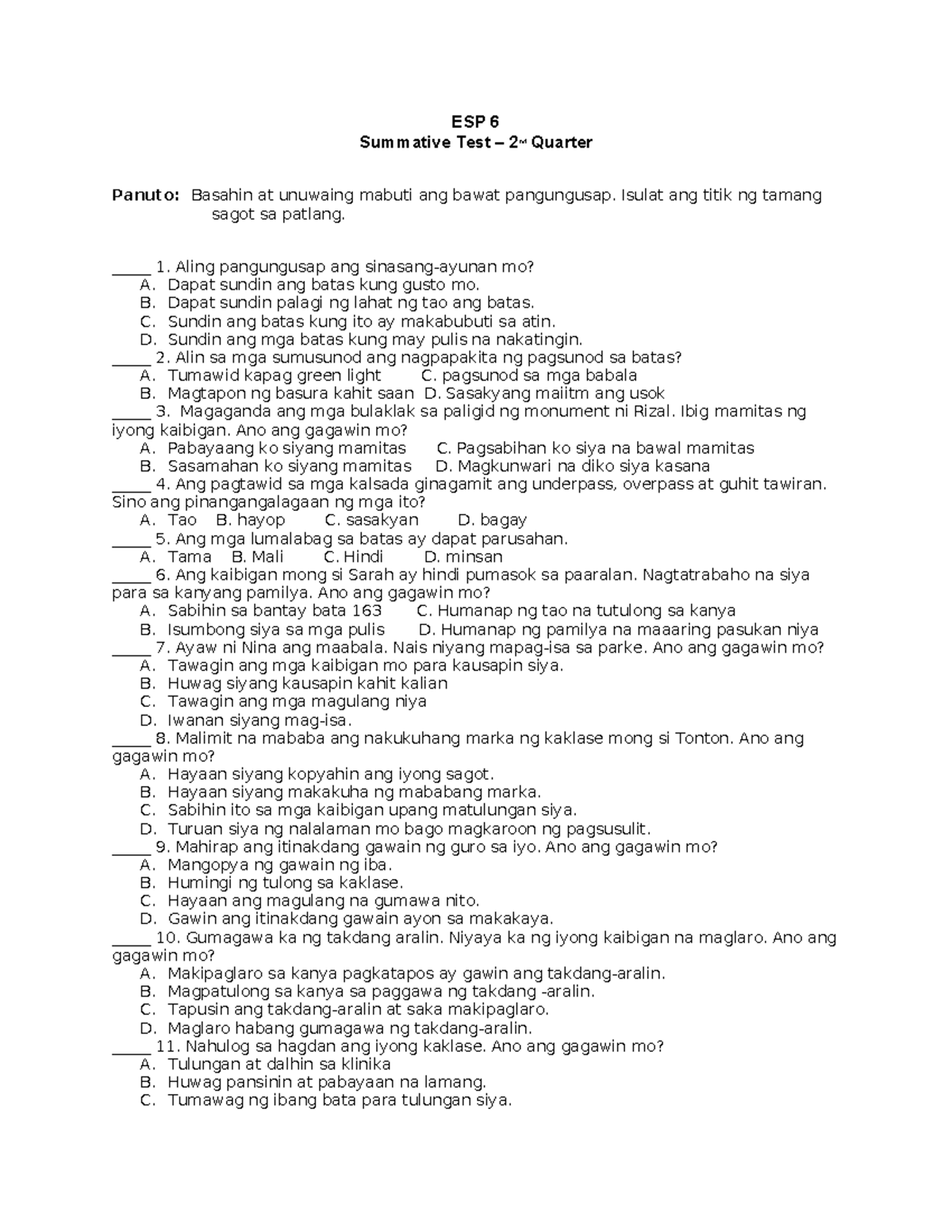 Weekly test Esp - ESP 6 Summative Test – 2nd Quarter Panuto: Basahin at ...