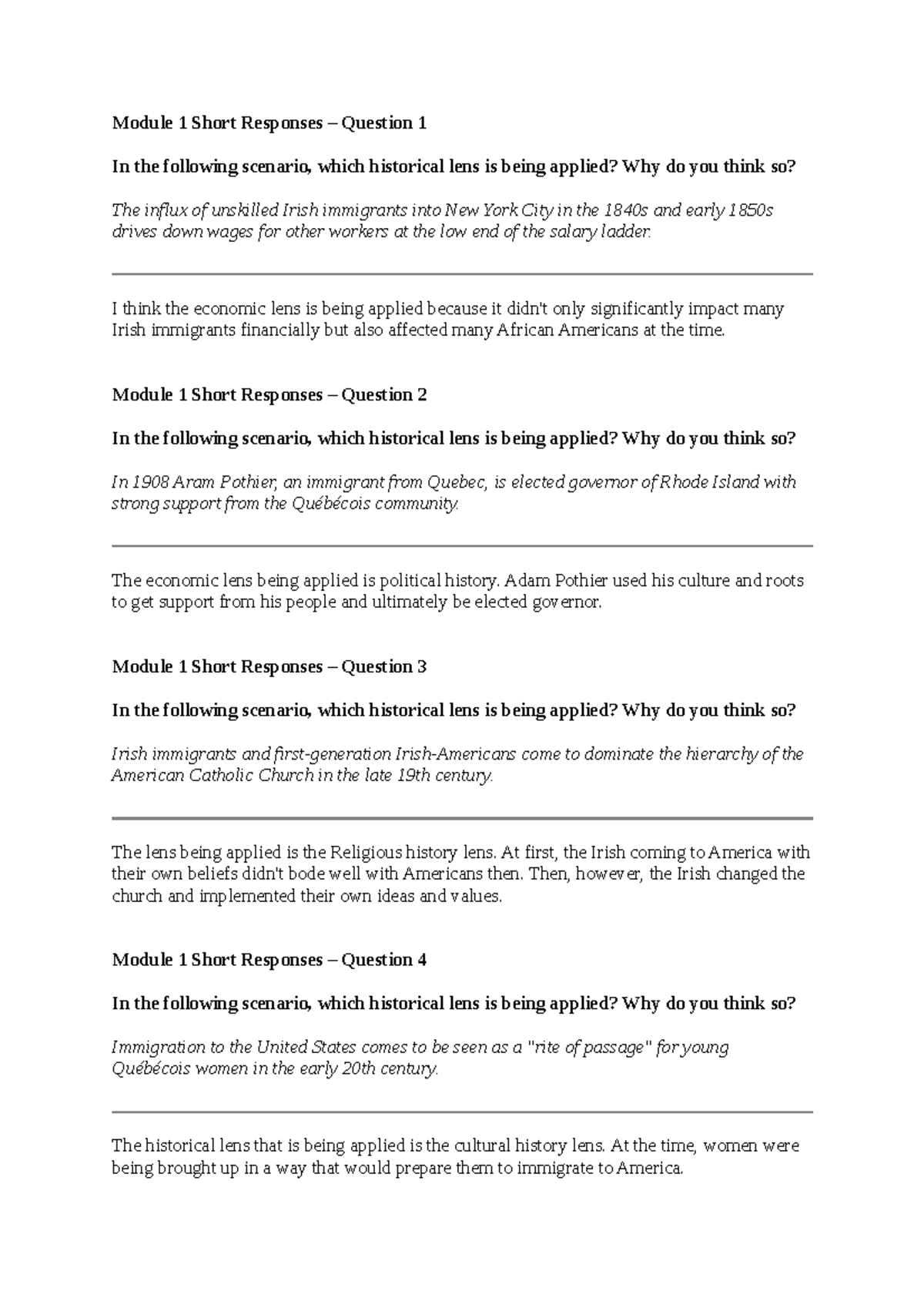Hostory- Module One Short Response - Module 1 Short Responses ...