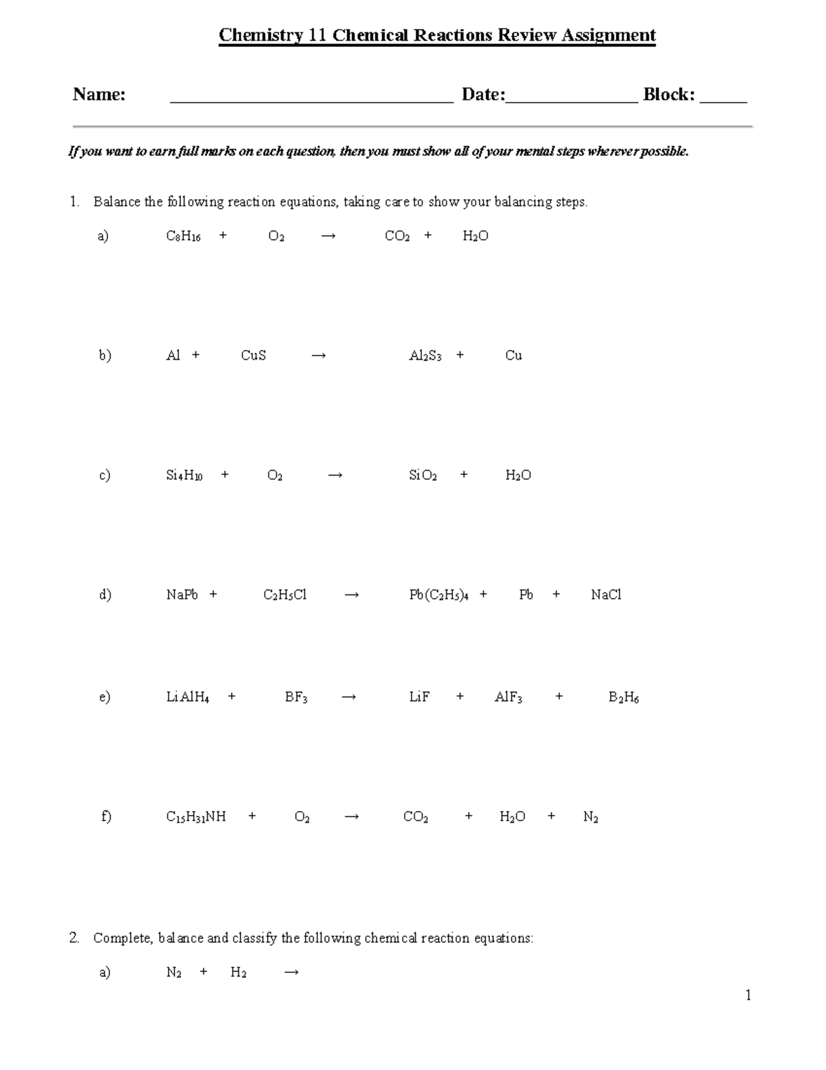 Chemical reactions review assignment - If you want to earn full marks ...