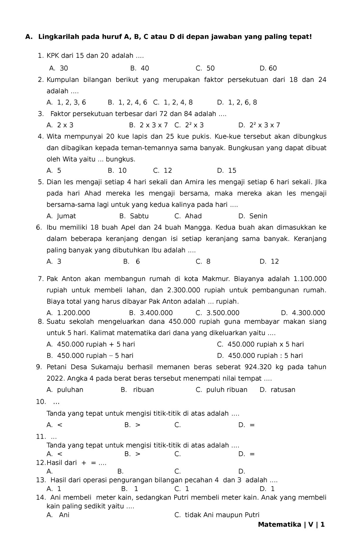 STS MTK Kelas 5 - A. Lingkarilah Pada Huruf A, B, C Atau D Di Depan ...