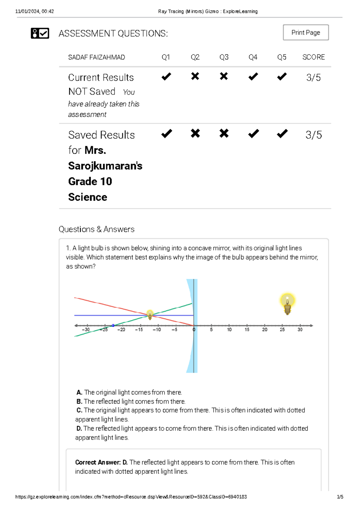 Ray Tracing (Mirrors) Gizmo Explore Learning ASSESSMENT QUESTIONS