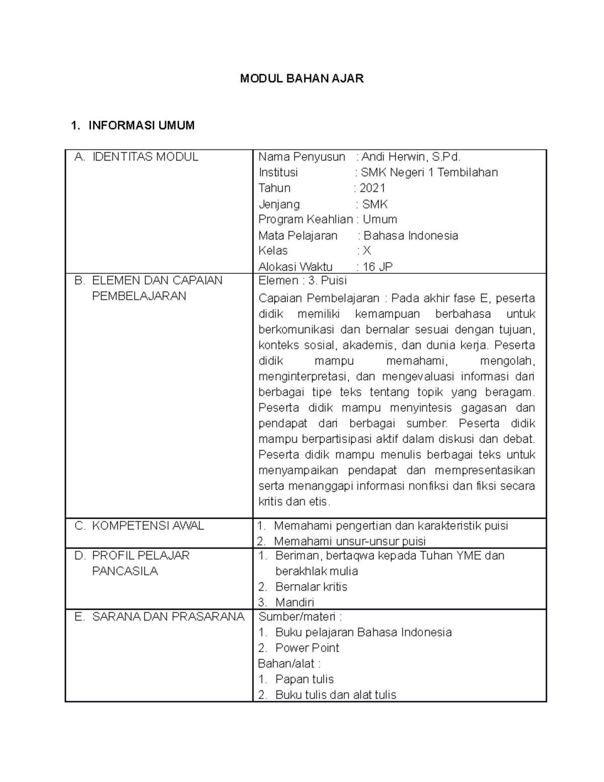 Modul BI Puisi - MODUL BAHAN AJAR 1. INFORMASI UMUM A. IDENTITAS MODUL ...