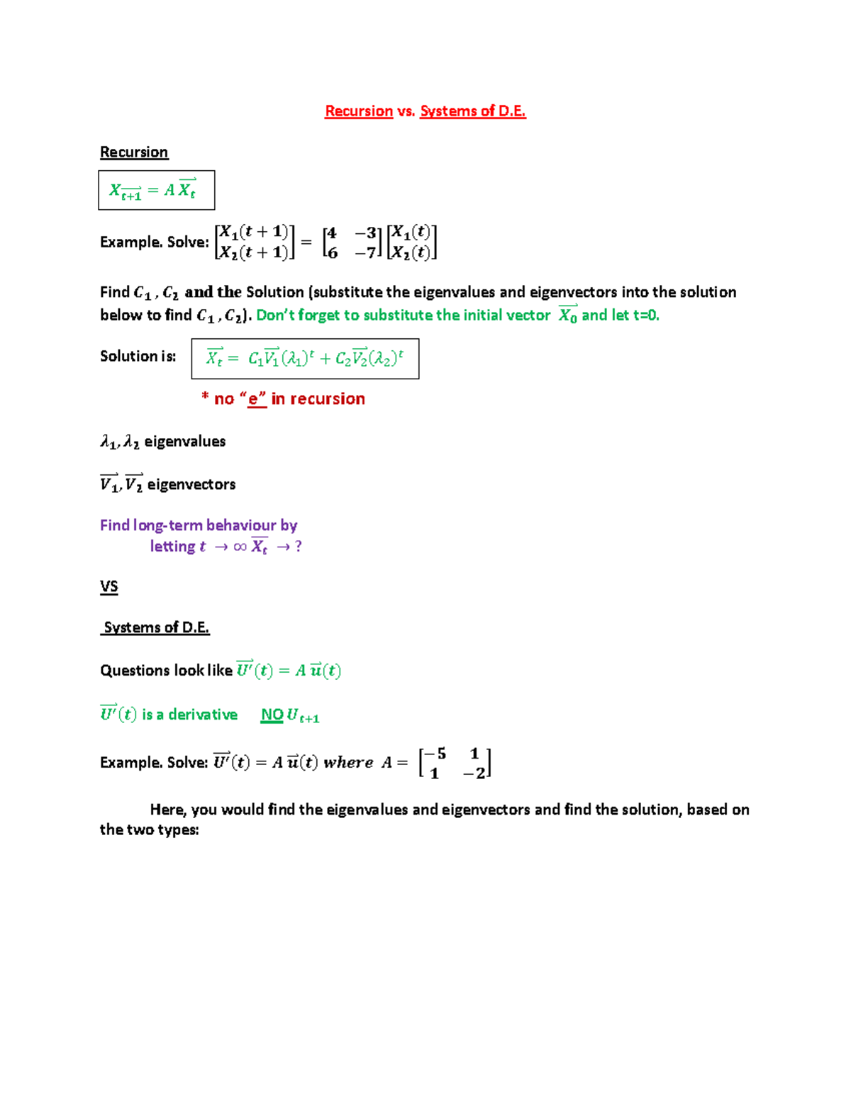 Summary Notes For Final Exam - Recursion vs. Systems of D. Recursion ...