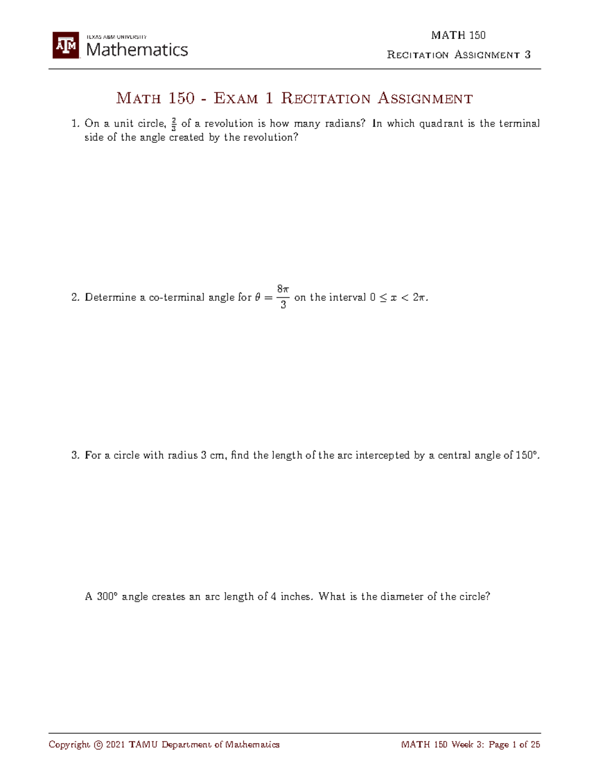 Exam3RABlank - Work - Recitation Assignment 3 Math 150 - Exam 1 ...