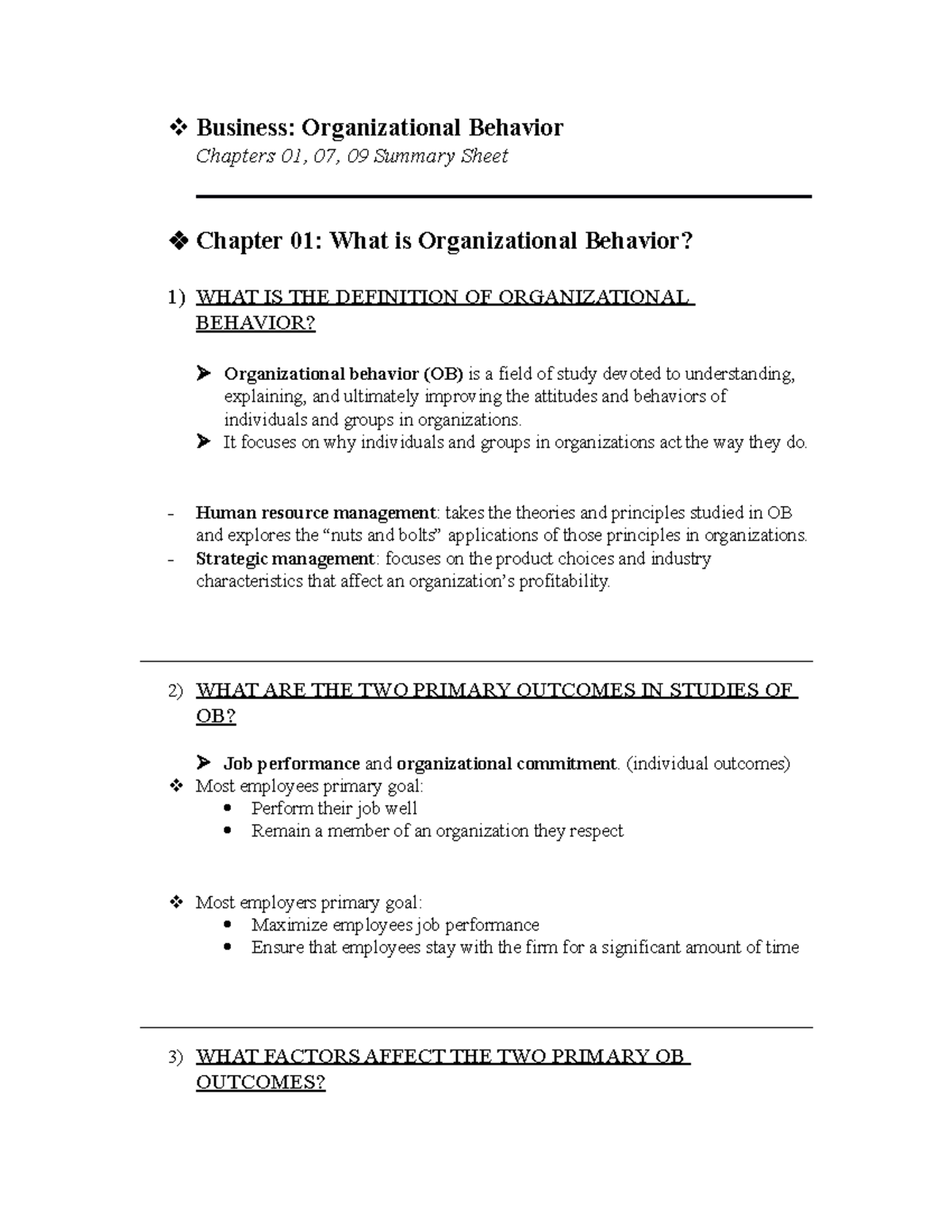 Chapter 1 and 7 and 9 - Organisational Behaviour/Organizational ...