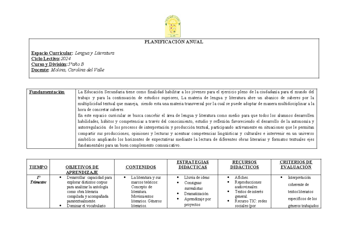 Planificación anual de Lengua y Literatura 5 año A y B 2024 ...