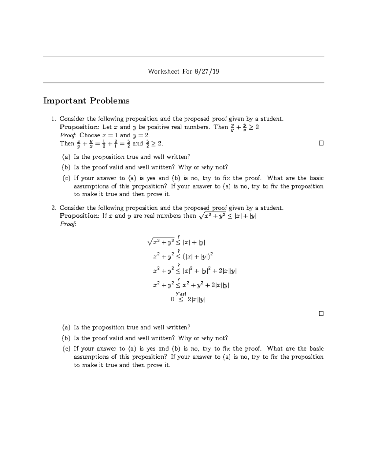 Worksheet 0827 - Worksheet For 8/27/ Important Problems Consider the ...