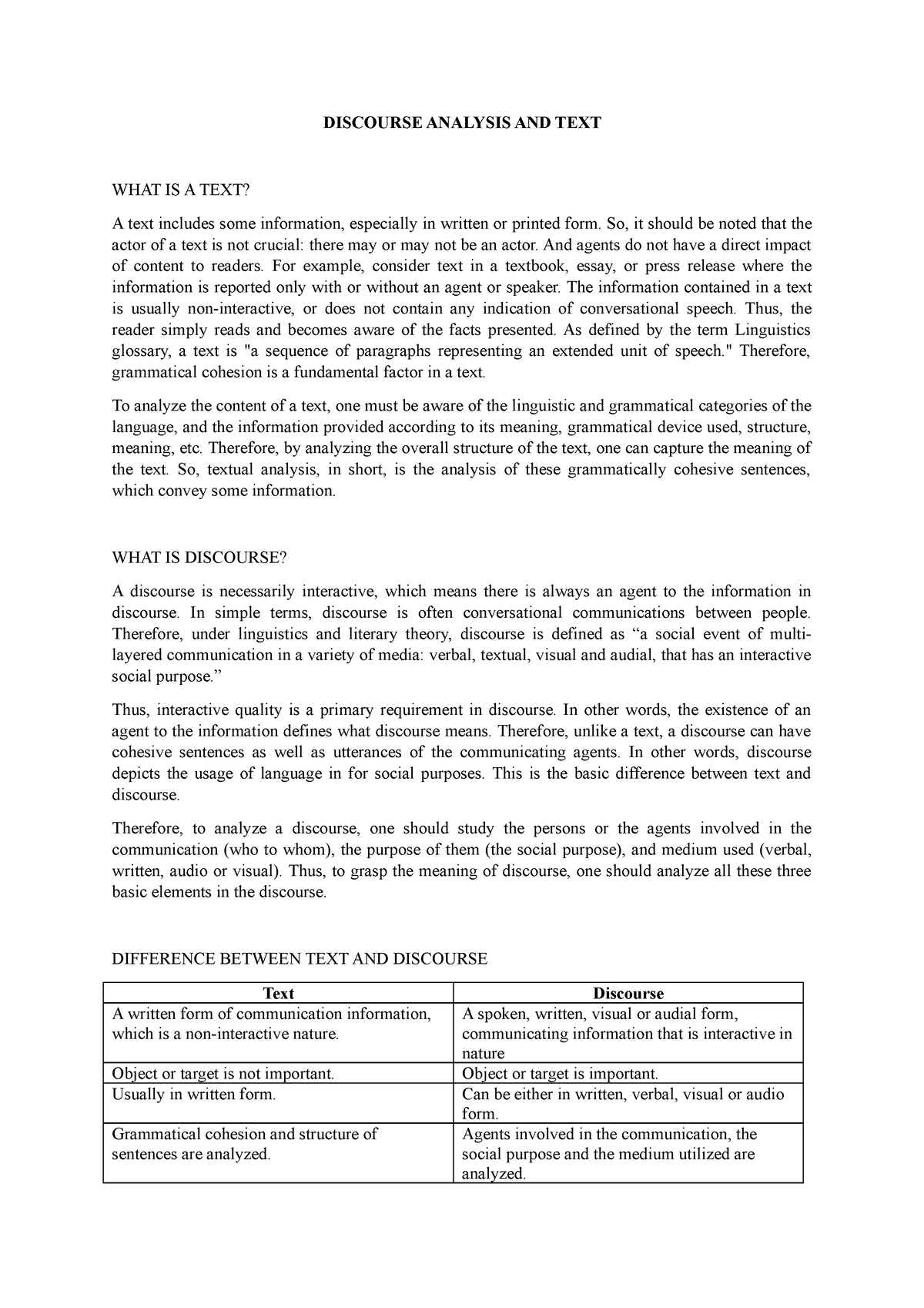 Discourse Analysis And Text - DISCOURSE ANALYSIS AND TEXT WHAT IS A ...