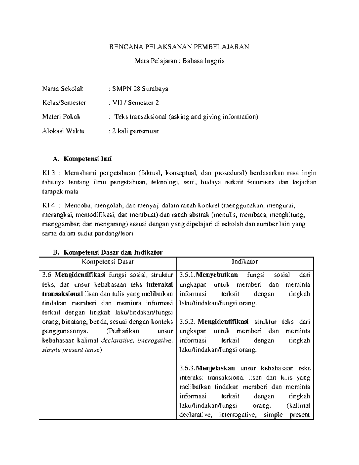 Contoh rpp smp b inggris asking and giving information rencana