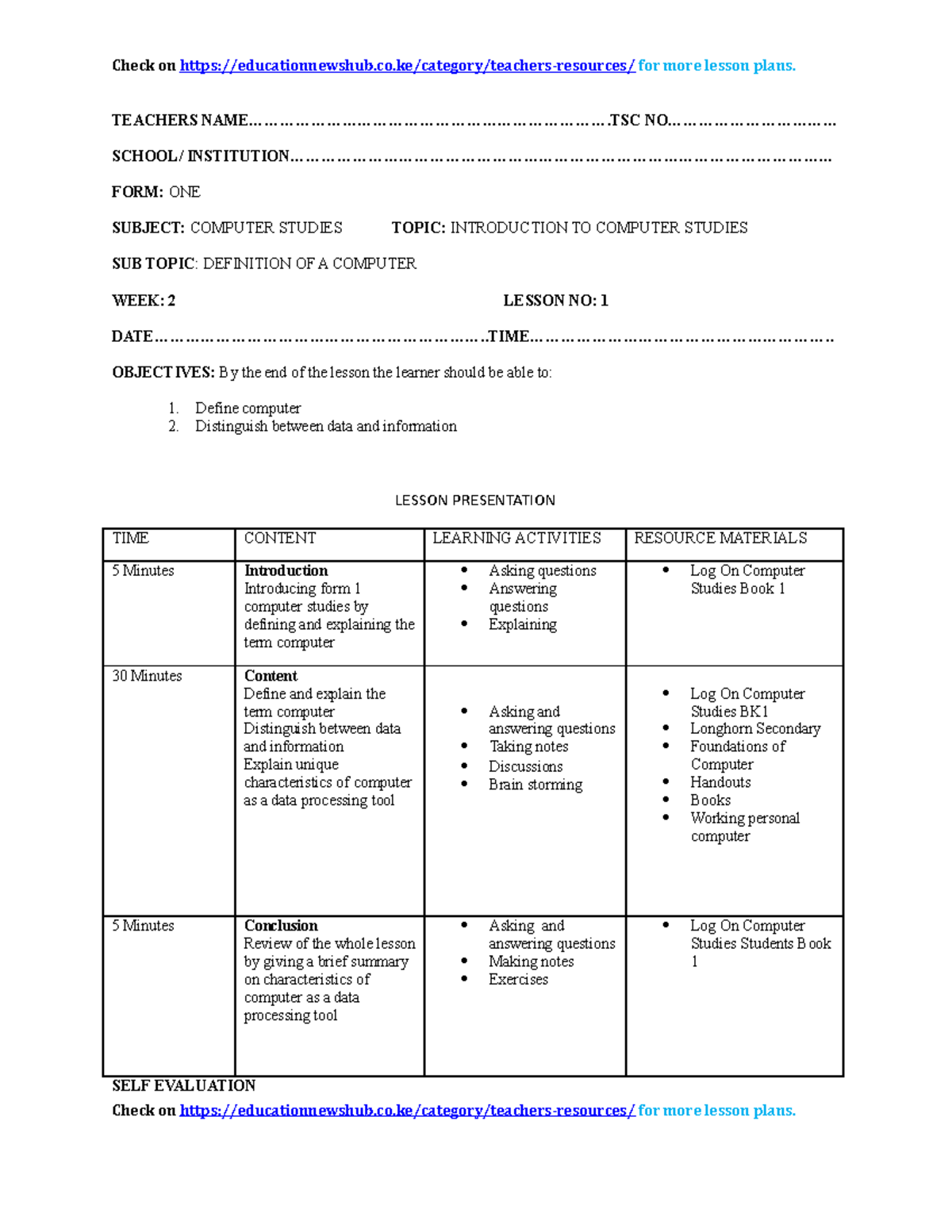 Computer Studies Free Lesson Plans - Teachers - Studocu