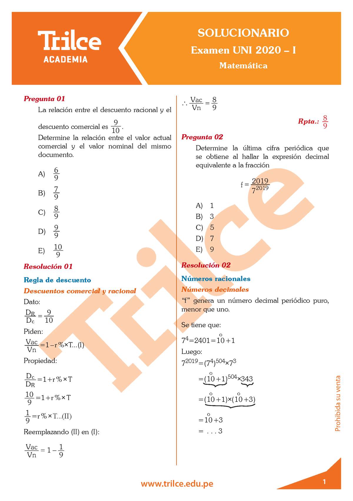 Examen 2020 Uni I Solucionario Matematica - Examen UNI 2020 – I ...