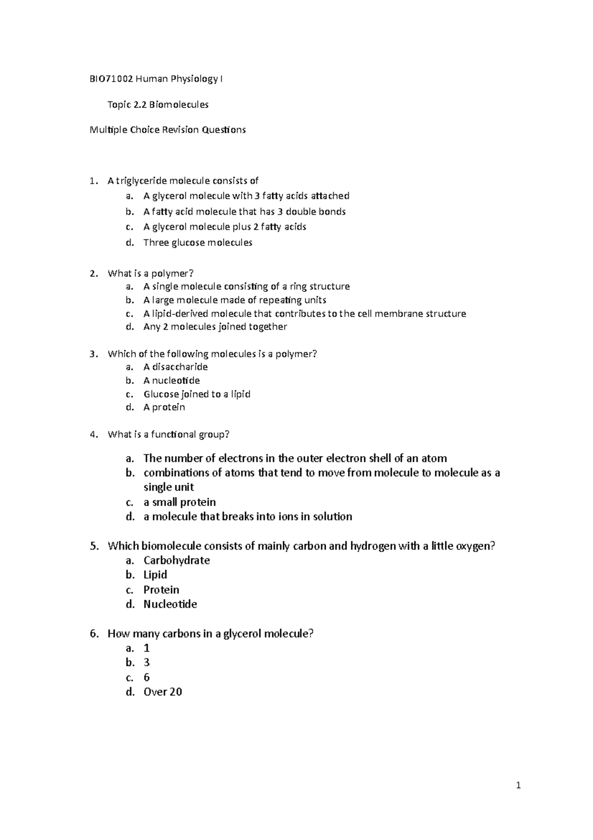 19 S1 HP1 Topic 2.2 Revision MCQ BIO71002 Human Physiology I Topic 2 Biomolecules Multiple