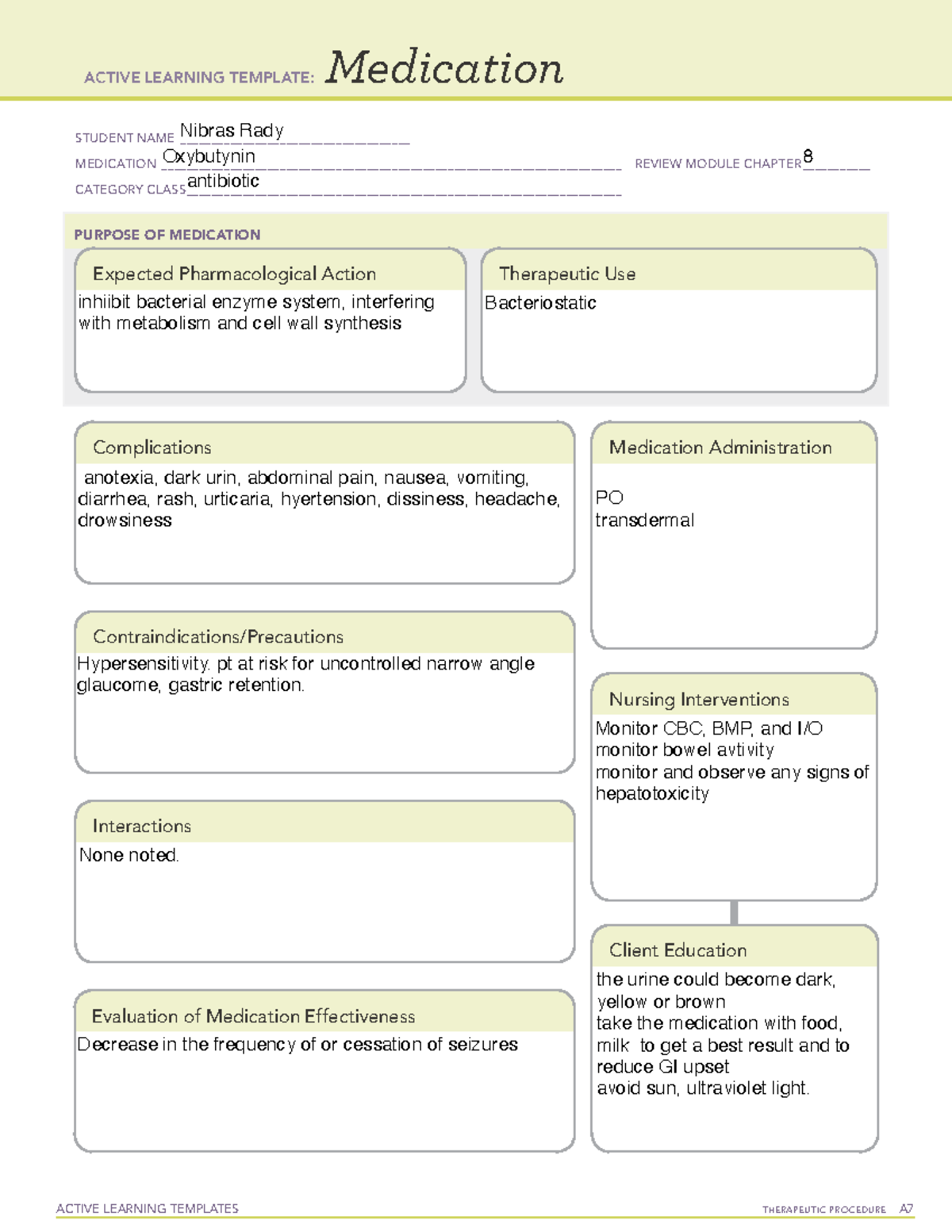 Oxybutynin (Ditropan) ACTIVE LEARNING TEMPLATES THERAPEUTIC PROCEDURE