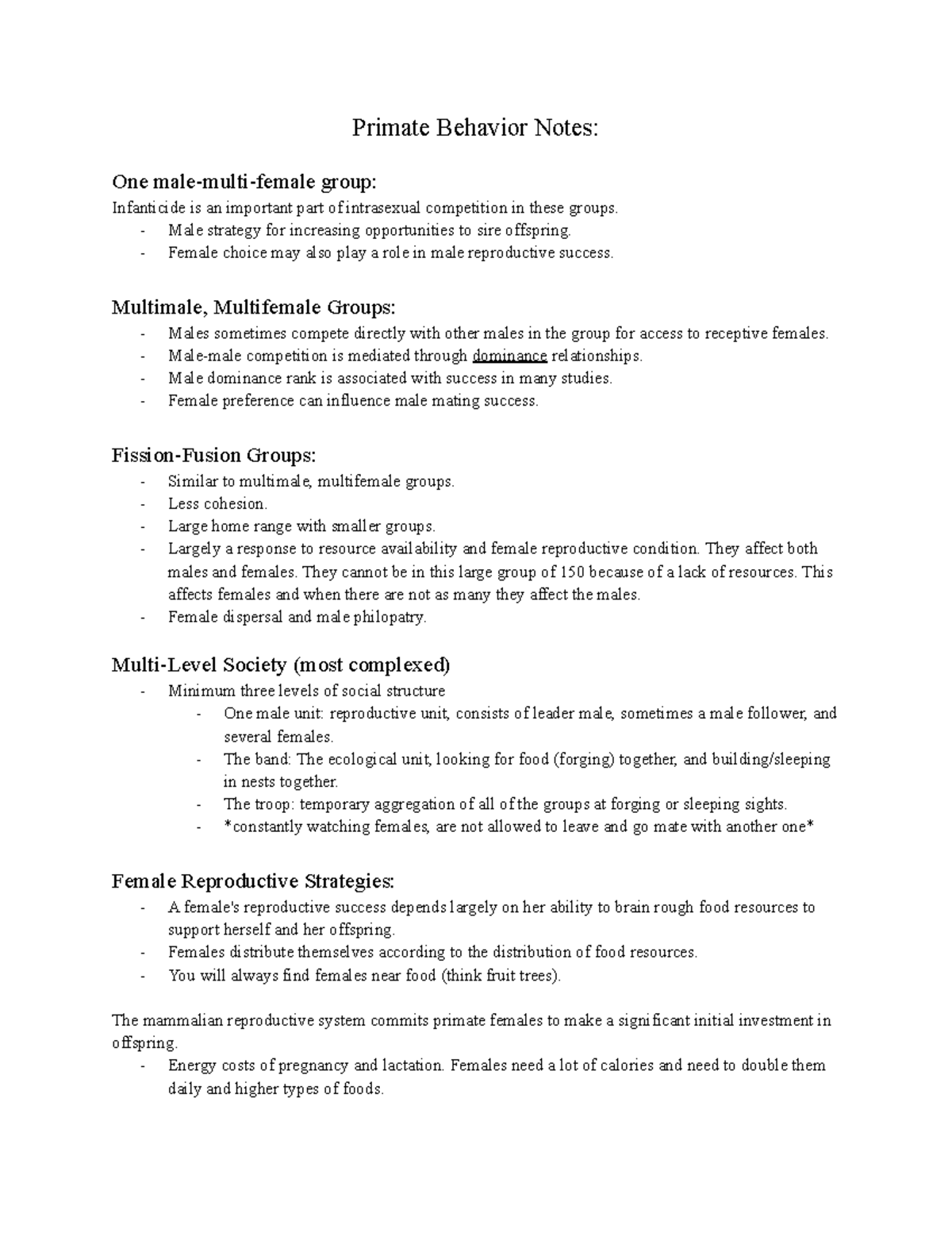 Primate Behaviors Dr Kufeldt Primate Behavior Notes One malemulti