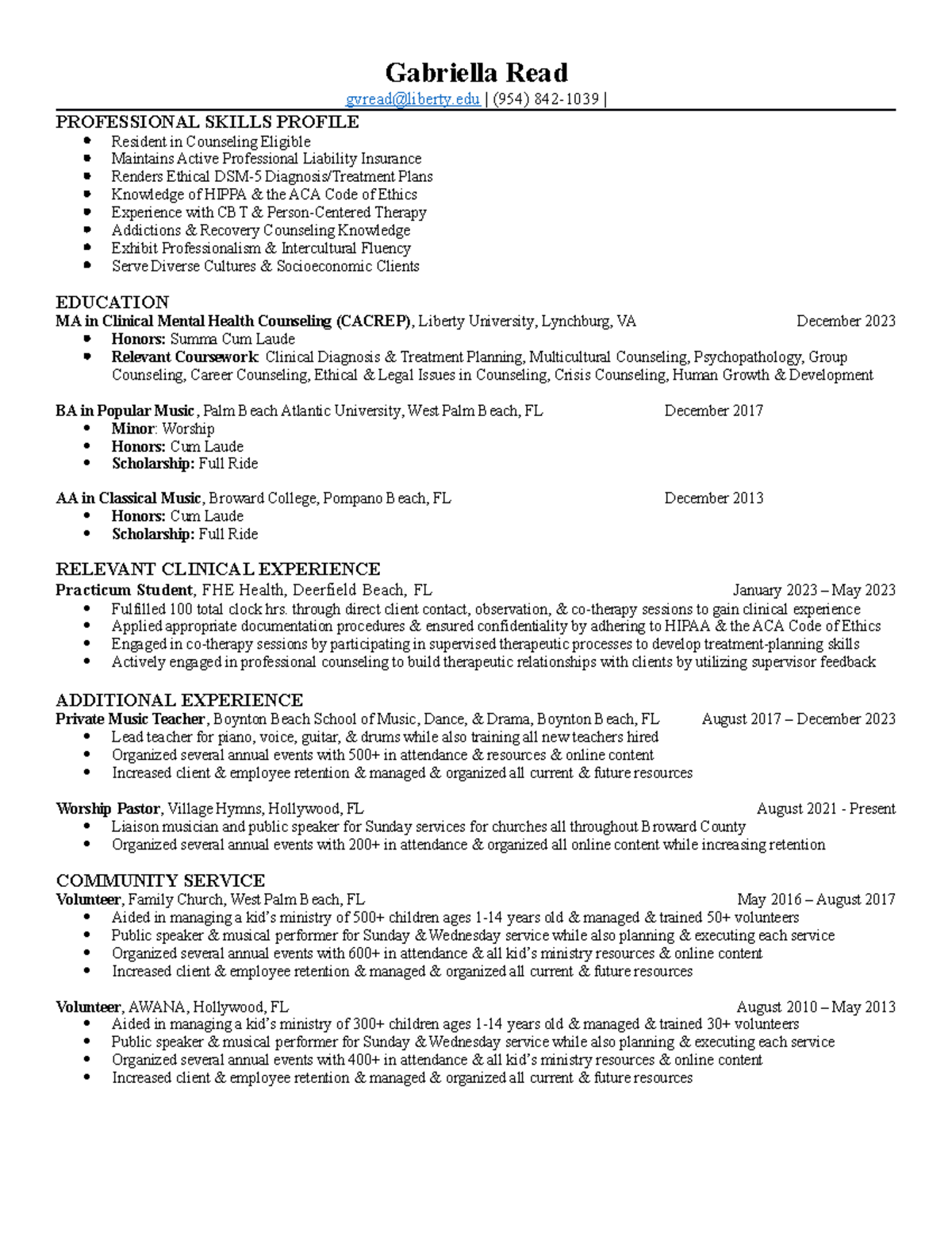 Resume Critique - N/A - Gabriella Read gvread@liberty | (954) 842-1039 ...