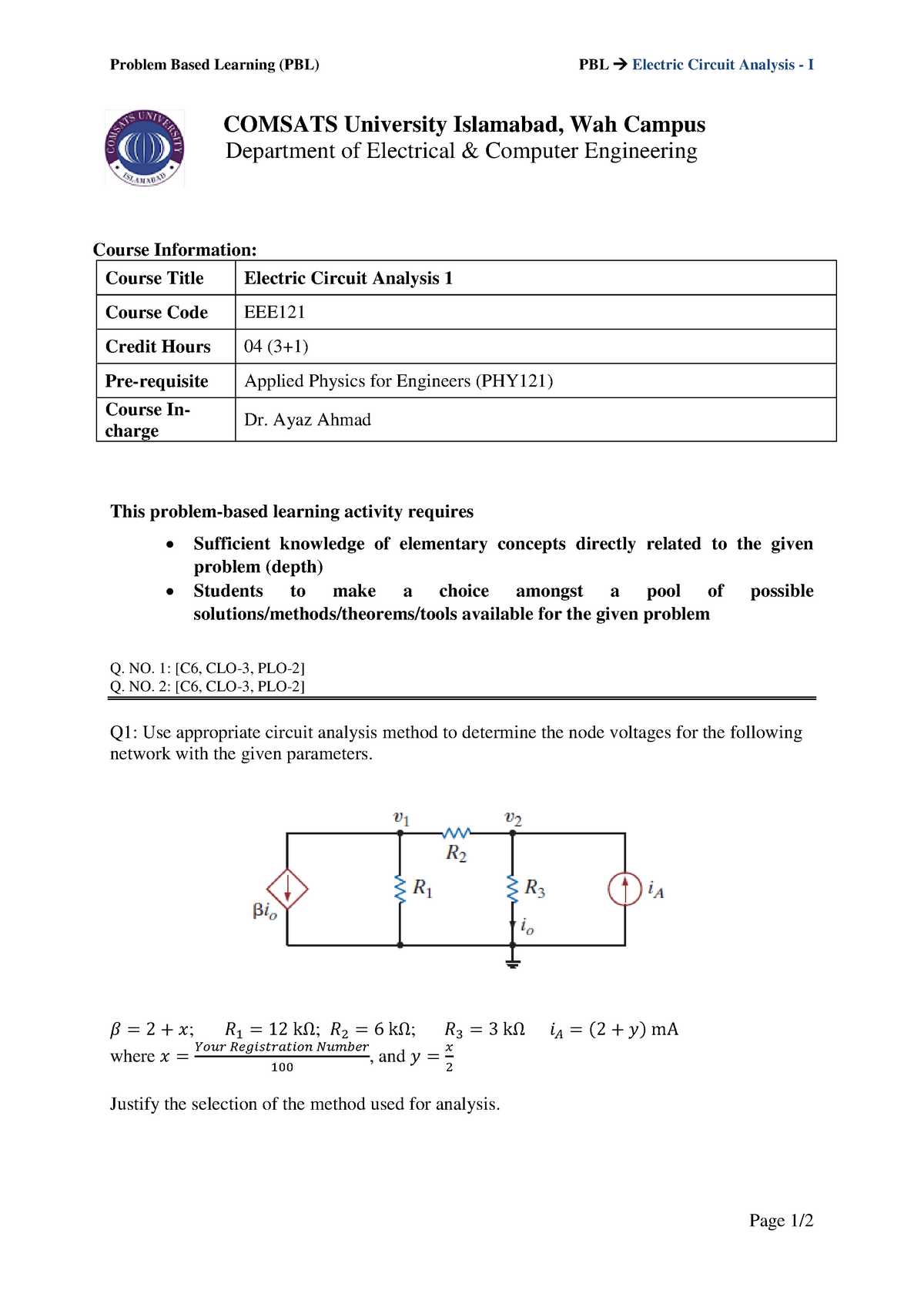 Electric Circuit Analysis 1 Problem Base Learning Quiz 4 - Problem ...