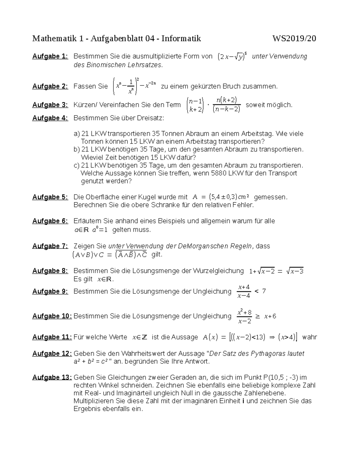 Mathe 1-Aufgabenblatt 04 WS2019 - Mathematik 1 - Aufgabenblatt 04 ...