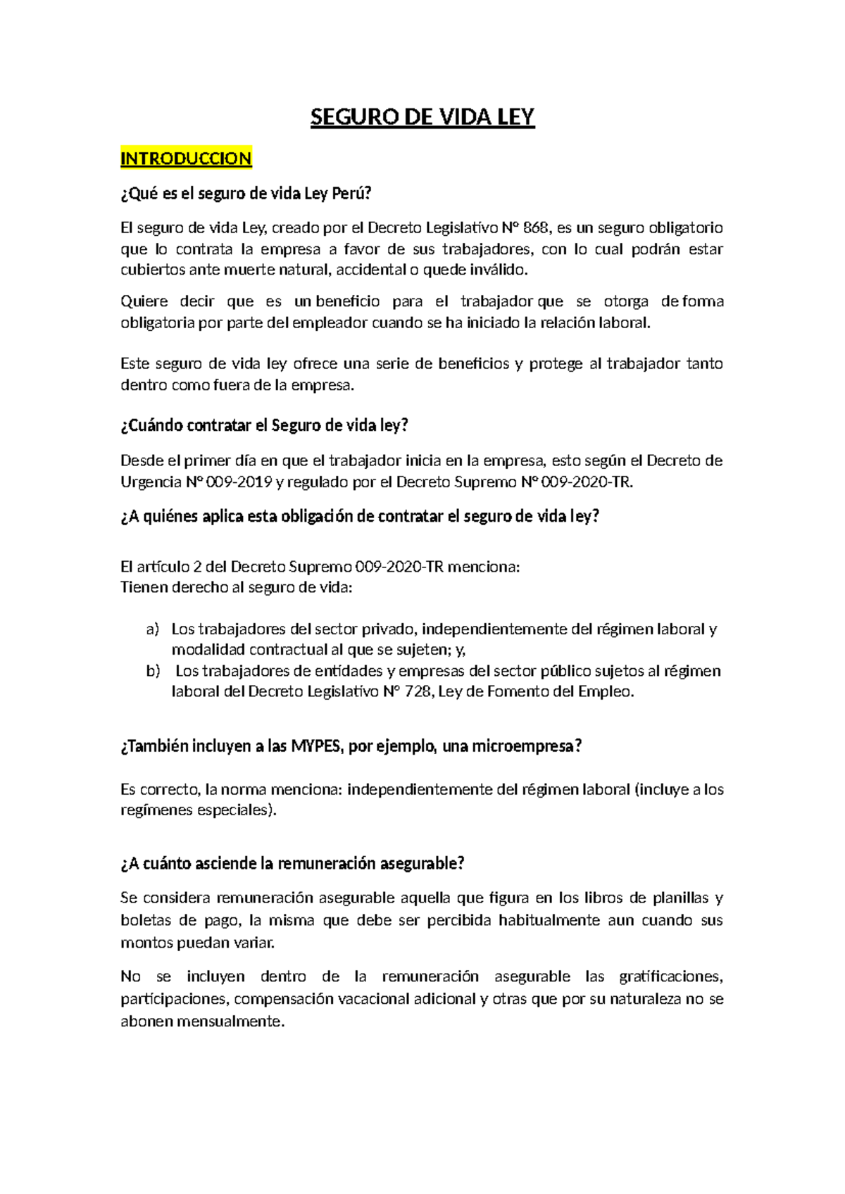 Seguro DE VIDA LEY - SEGURO DE VIDA LEY INTRODUCCION ¿Qué es el seguro ...