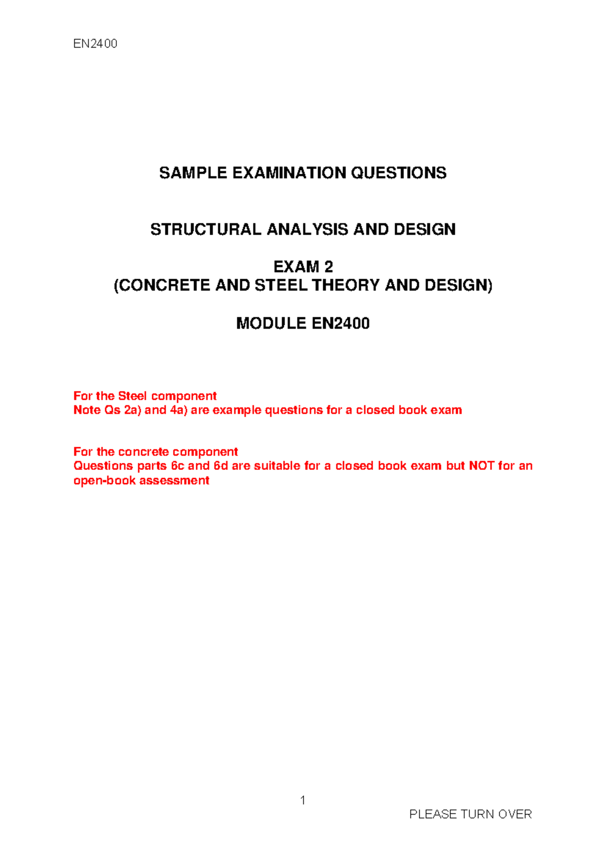 EN2400 Exam2 Module Booklet 2020 - EN 1 SAMPLE EXAMINATION QUESTIONS ...