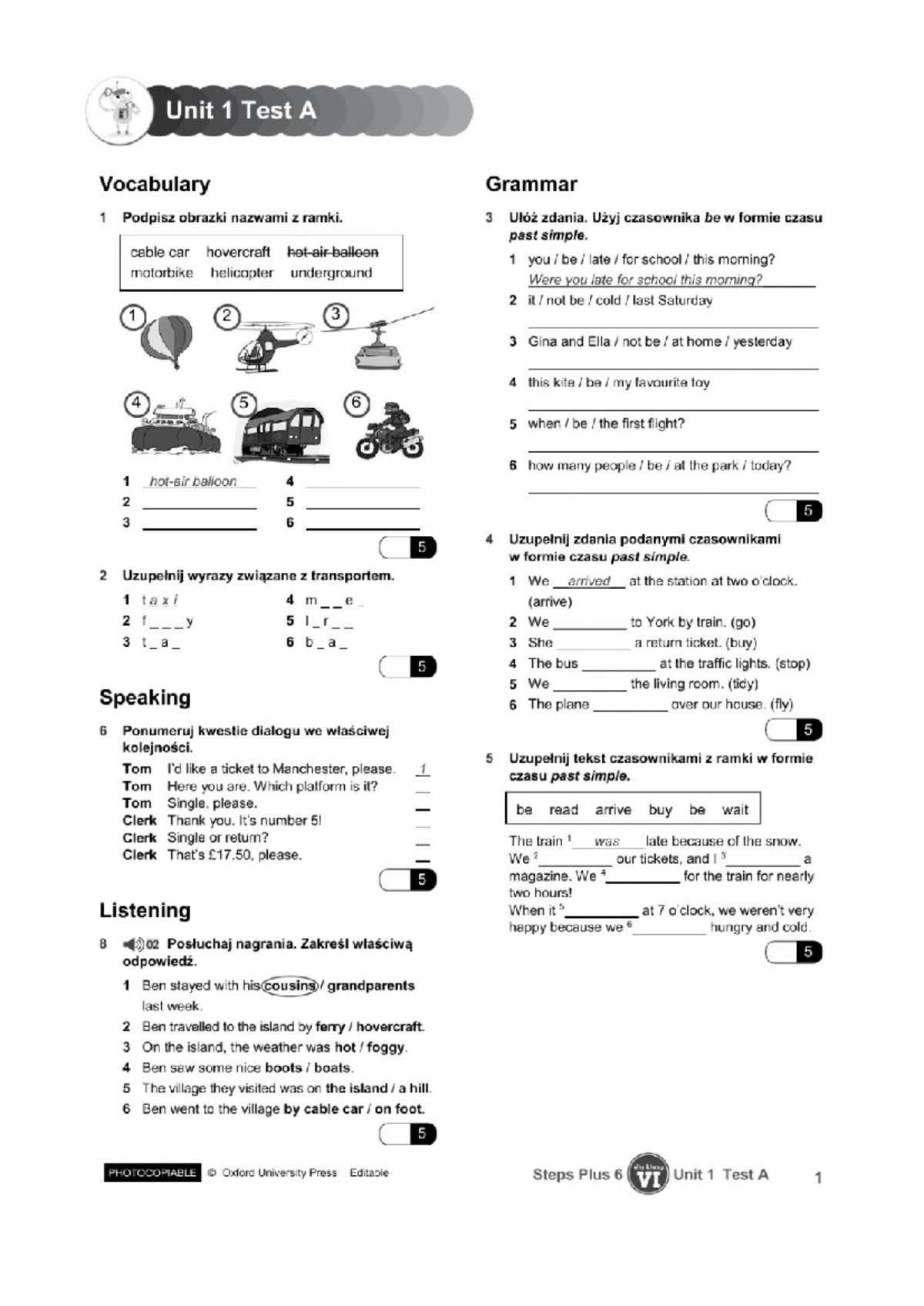 Steps 6 test unit 1 - ćwiczenia - Unit 1 Test A Vocabulary Grammar 1