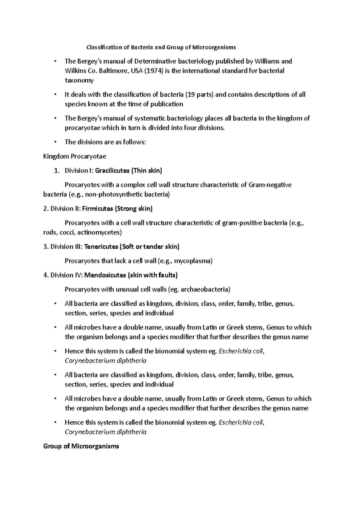 Classification of Bacteria and Group of Microorganisms - Baltimore, USA ...