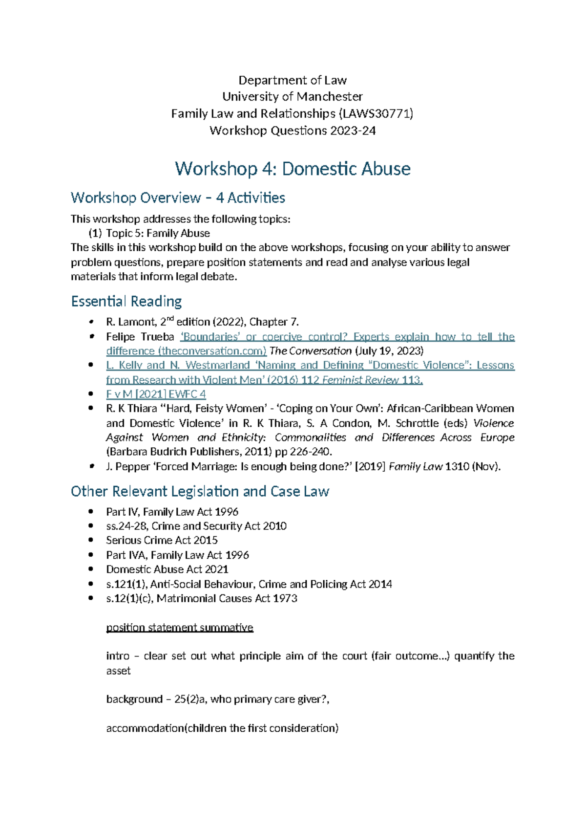 Workshop 4 - Department of Law University of Manchester Family Law and ...