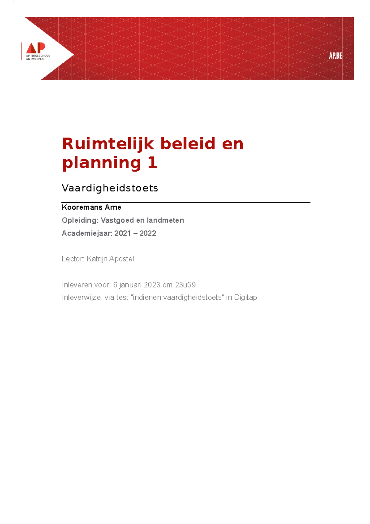 Opdracht Vaardigheidstoets 20221027 - Ruimtelijk Beleid En Planning 1 ...