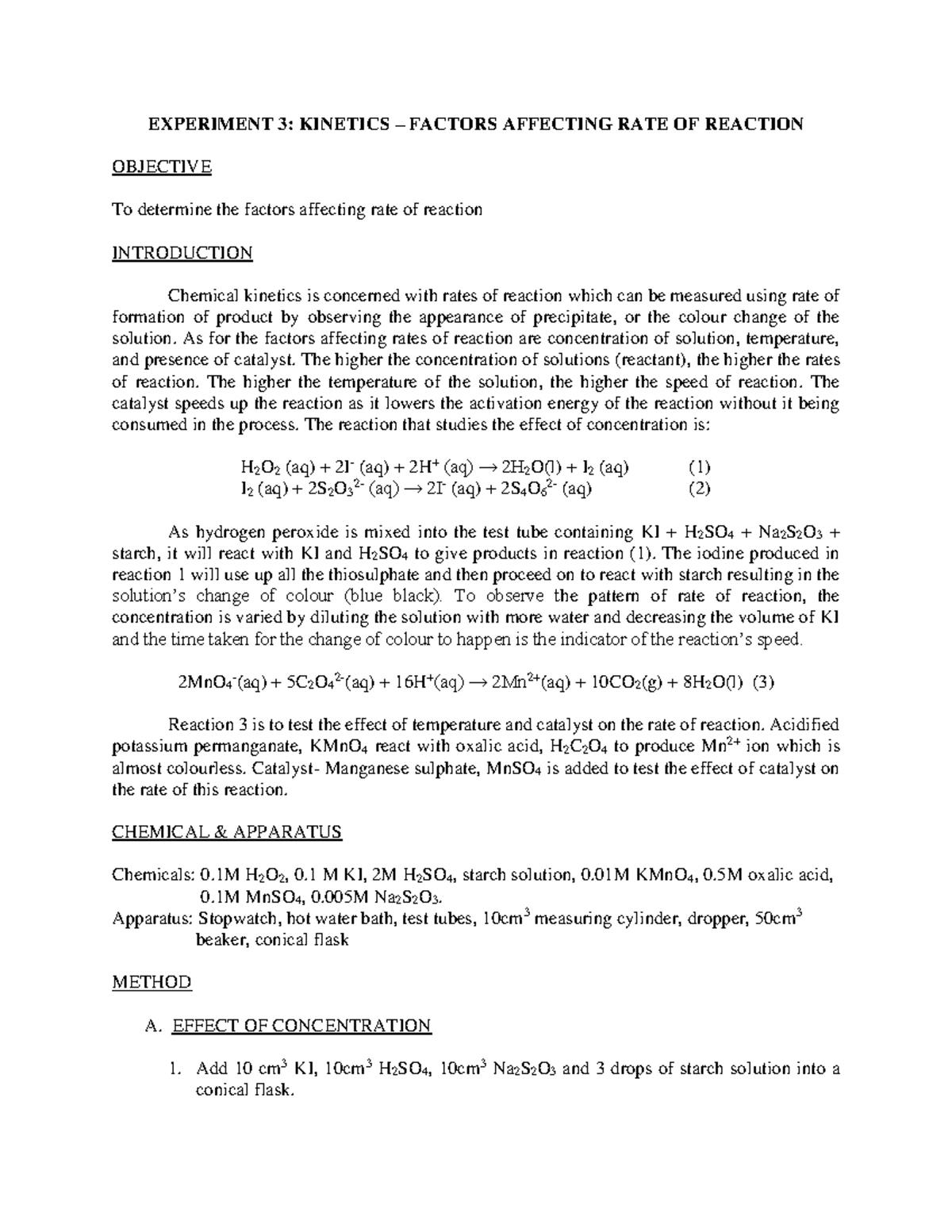 Experiment 3 factors affecting rate of reaction
