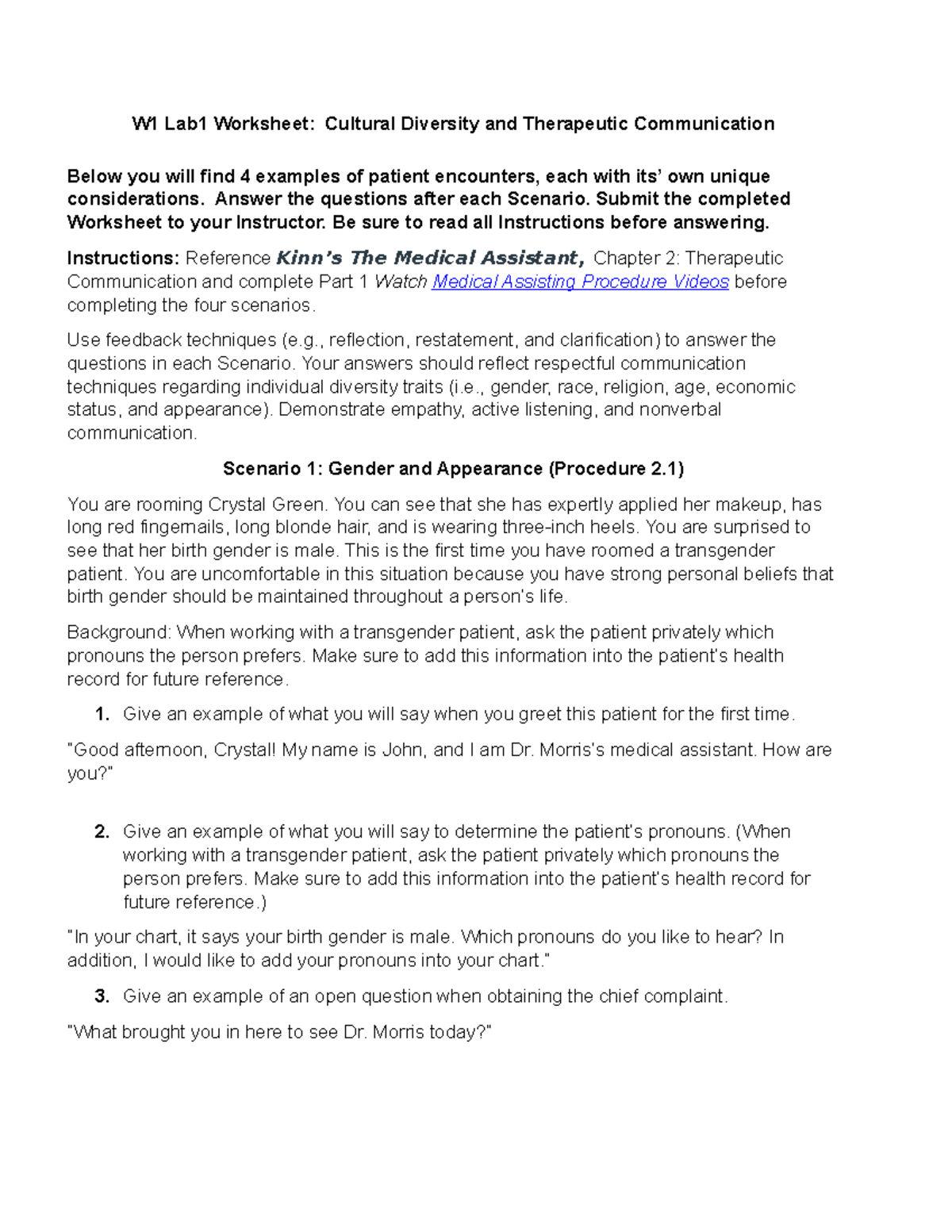 MOA110 W1 Lab - W1 Lab1 Worksheet: Cultural Diversity And Therapeutic ...