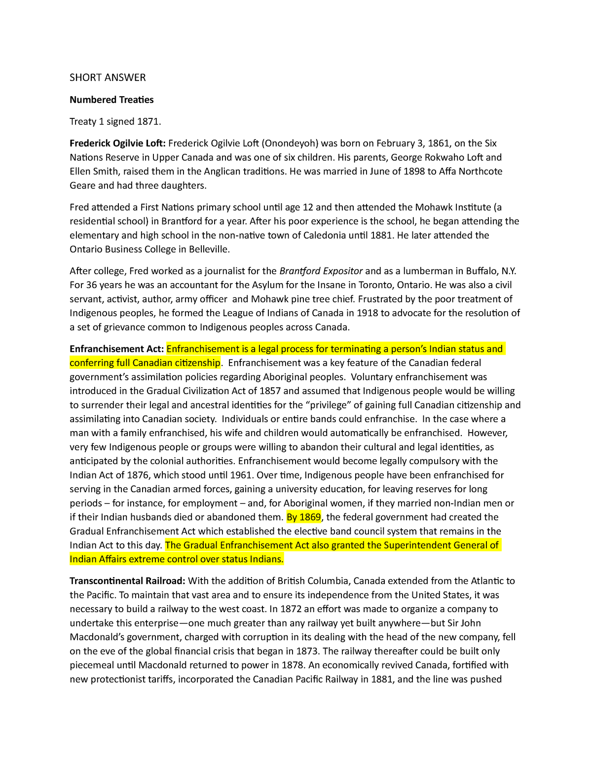 Hist-1007 Midterm Review Notes - SHORT ANSWER Numbered Treaties Treaty ...