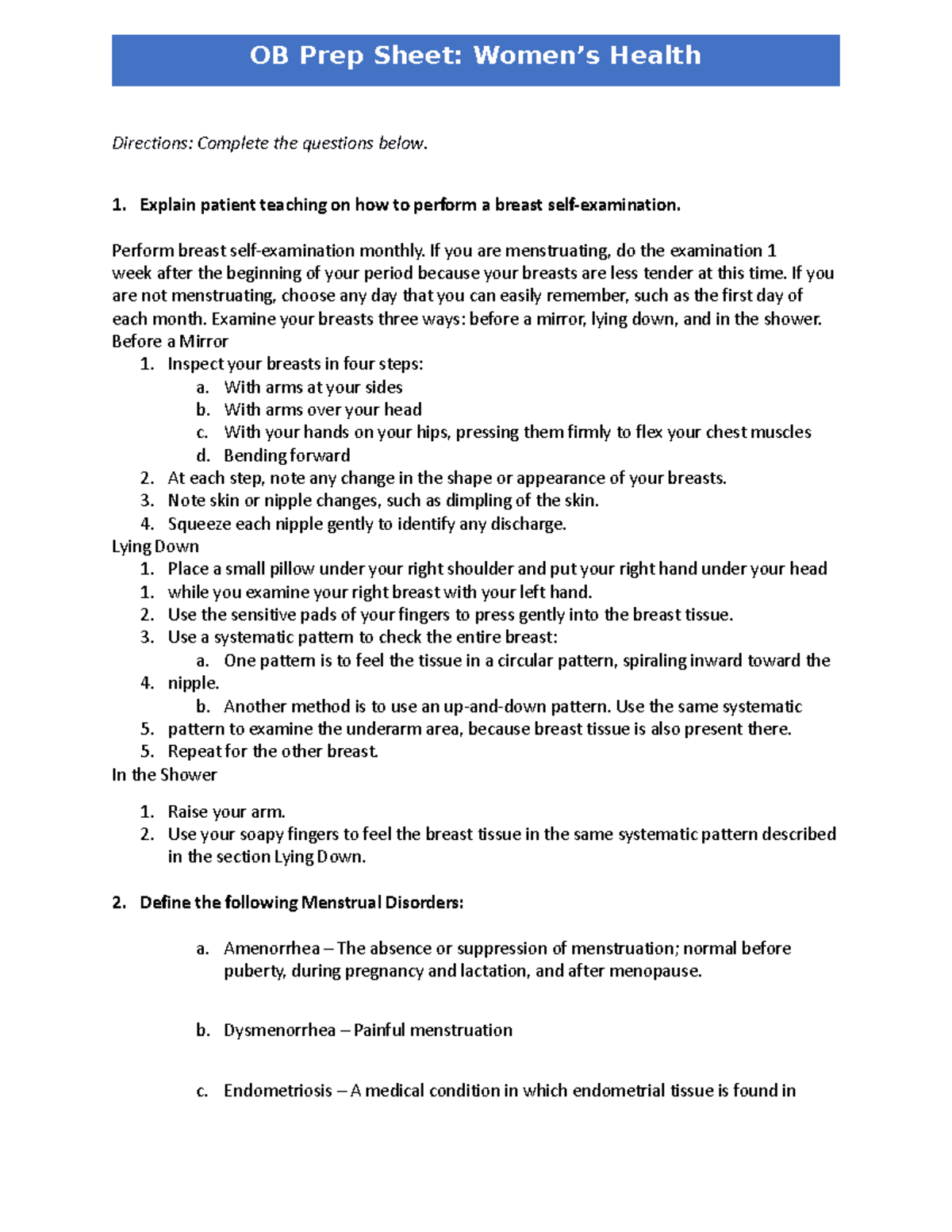 OB Prep Sheet Women's Health Directions Complete the questions below