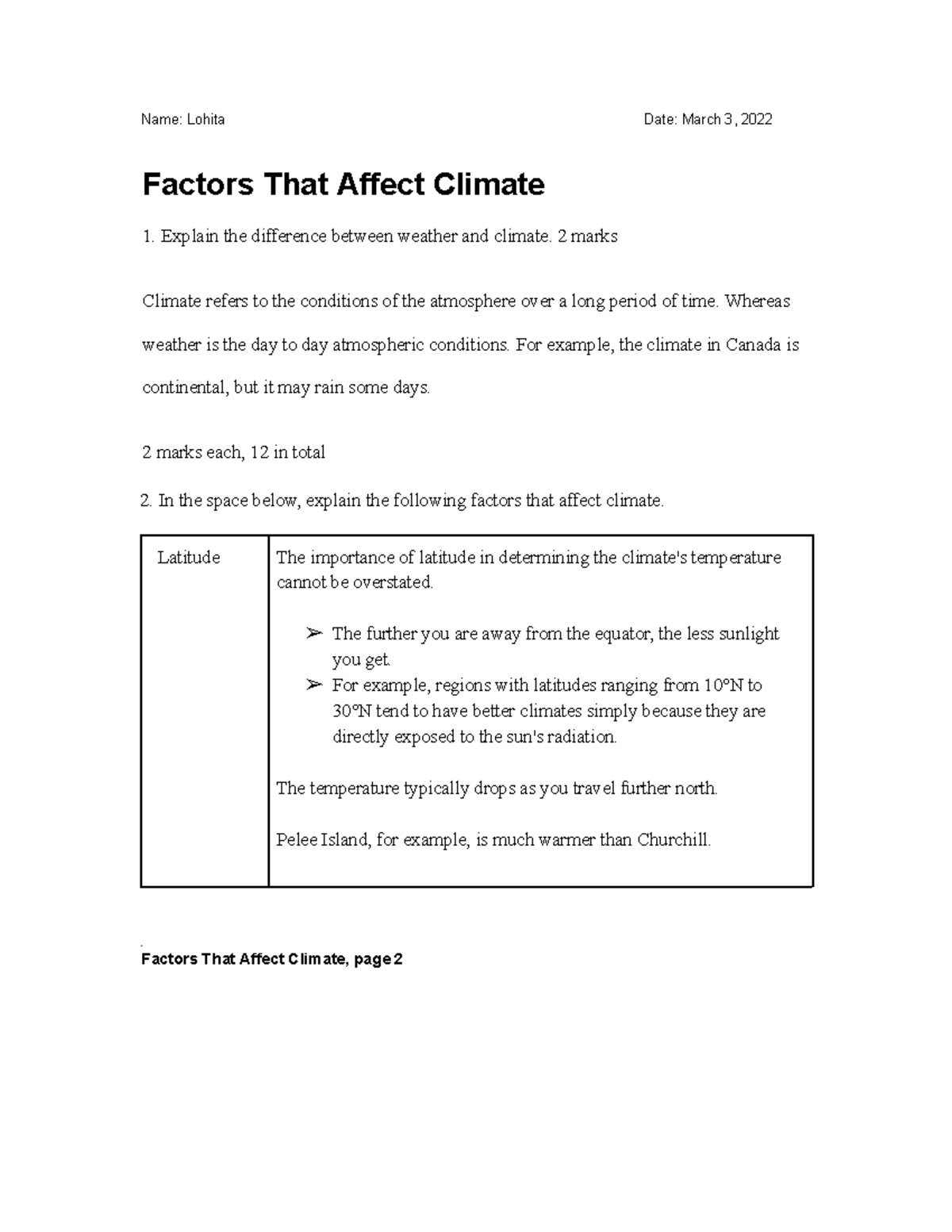 3.1 Factors that Affect Climate Worksheet pdf Answers Name