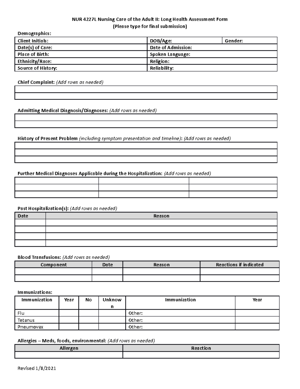 Adult II Long Health Assessment Form - NUR 4227L Nursing Care of the ...