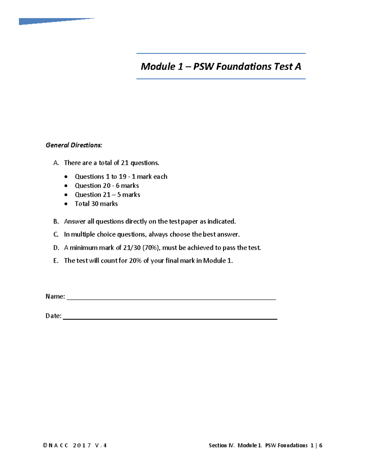 IV-2 Test - Module 1 PSW Foundations (A) Form Fill - Module 1 – PSW ...