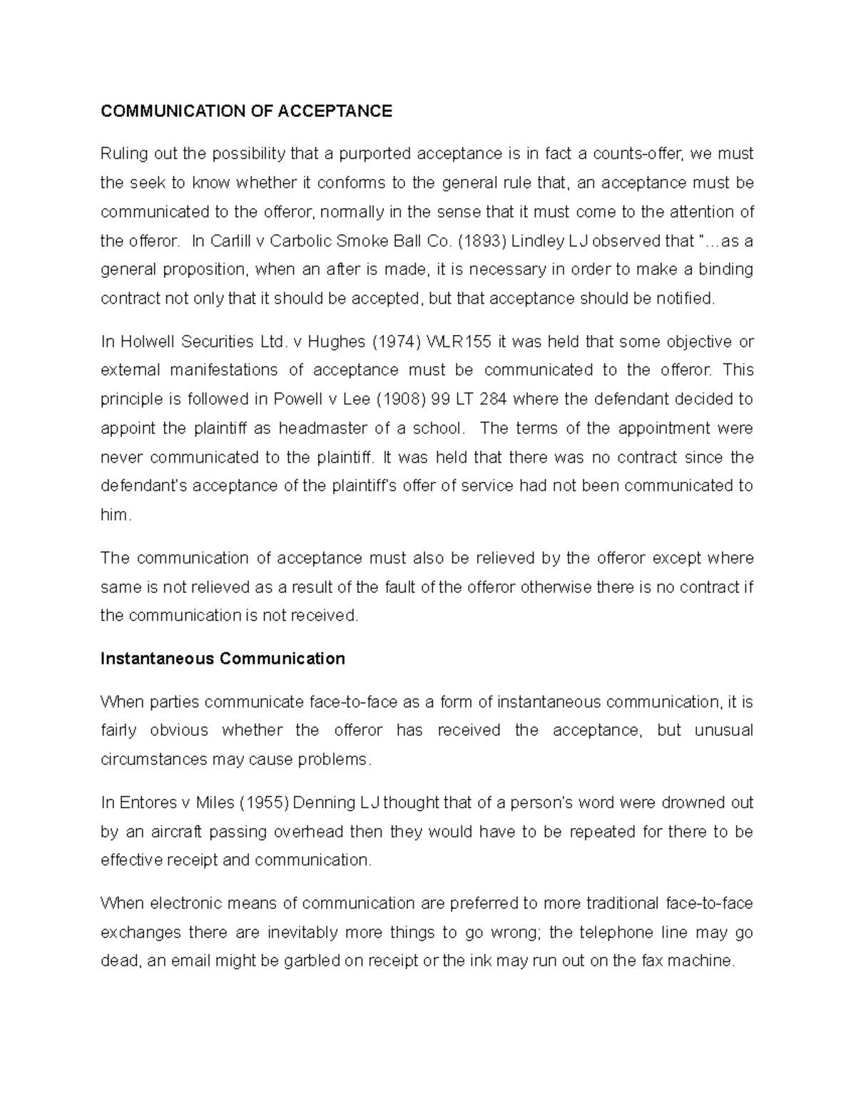Law Of Contract Lecture Notes Communication Of Acceptance Ruling Out The Possibility That A Law Of Contract Lecture Notes Communication Of Acceptance Ruling Out The Possibility That A