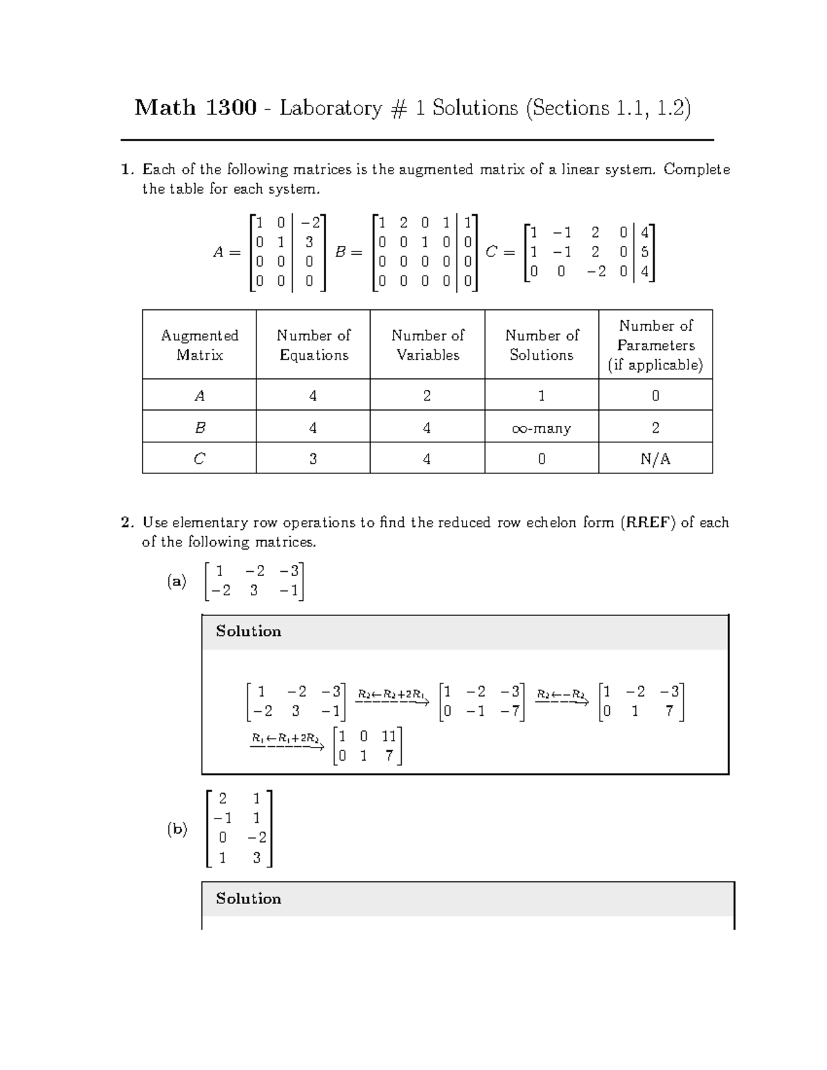 Lab 1 (KEY) - lab - Math 1300 - Laboratory # 1 Solutions (Sections 1, 1 ...
