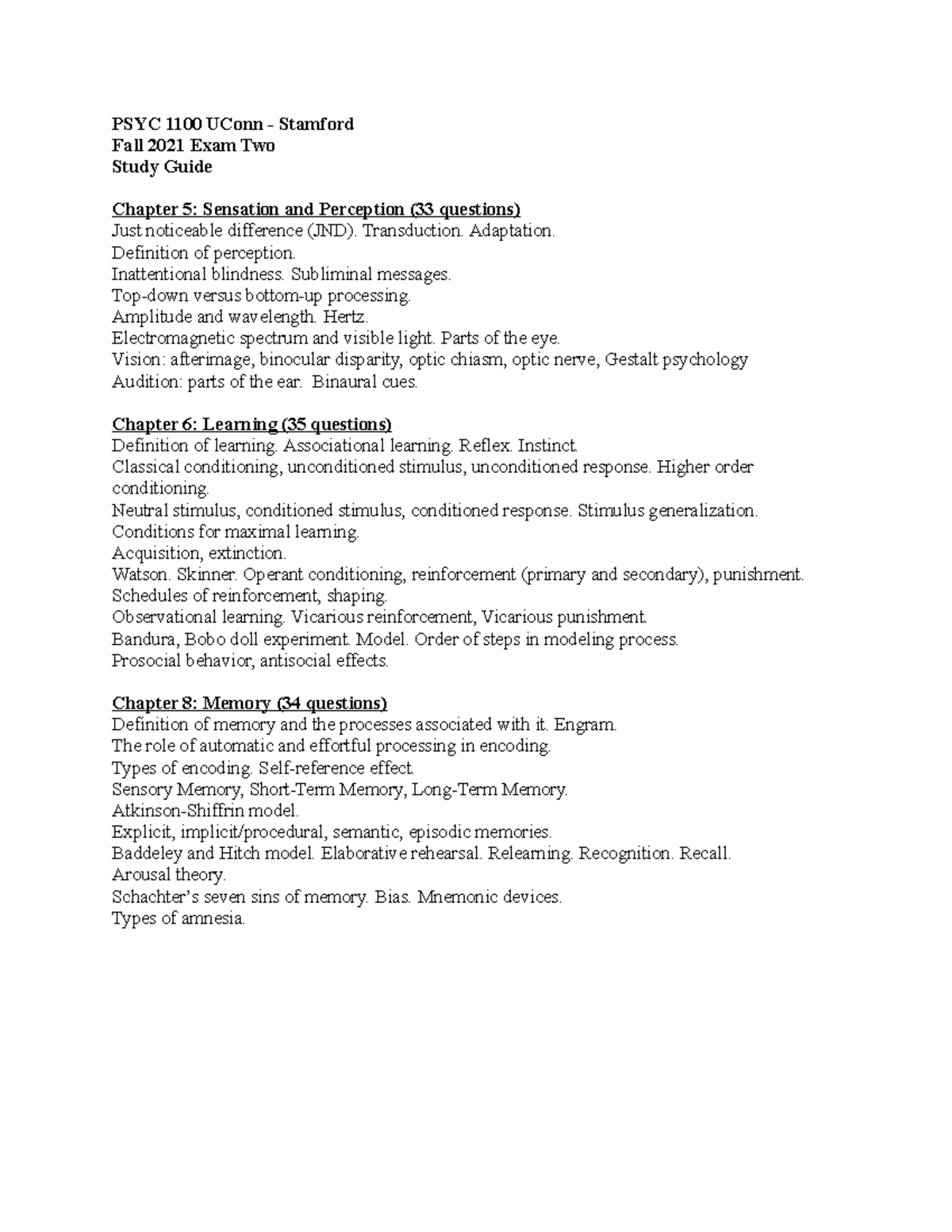 1100 Study Guide Exam 2 (4)(1) - PSYC 1100 UConn - Stamford Fall 2021 ...
