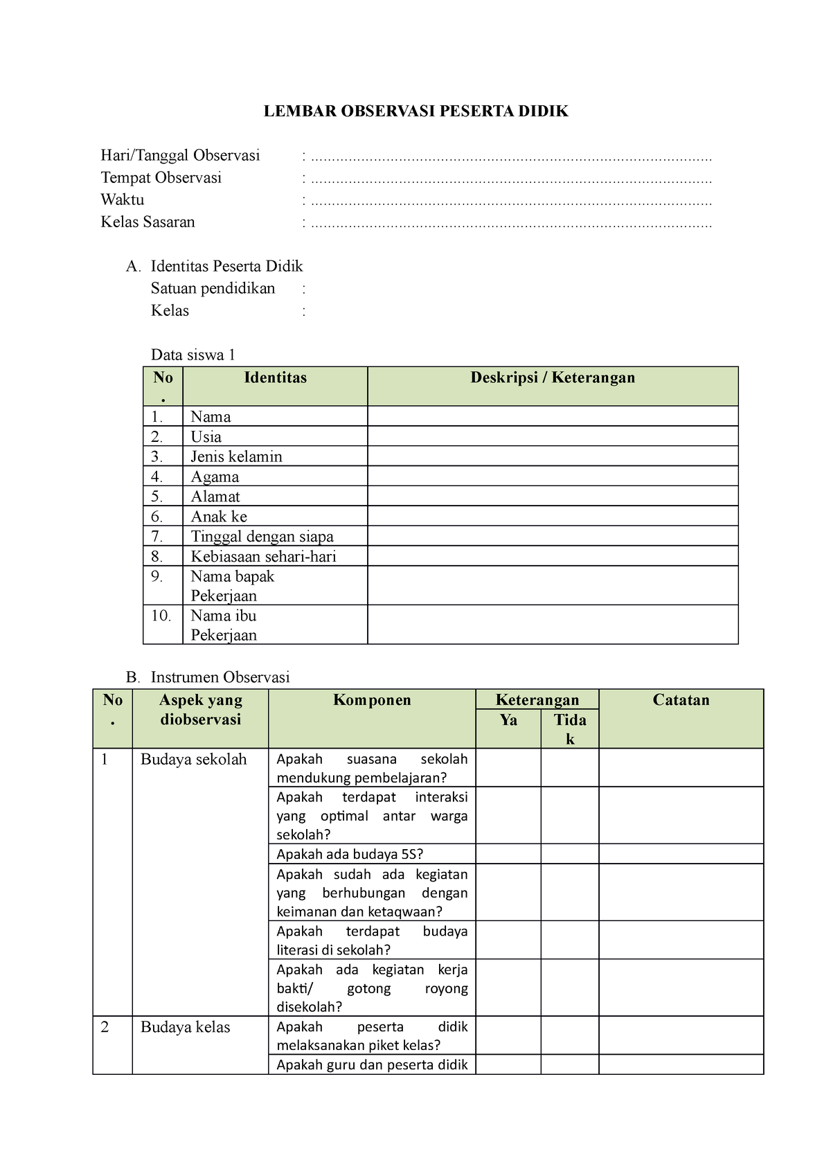 Instrumen Observasi Dan Profiling - LEMBAR OBSERVASI PESERTA DIDIK Hari ...