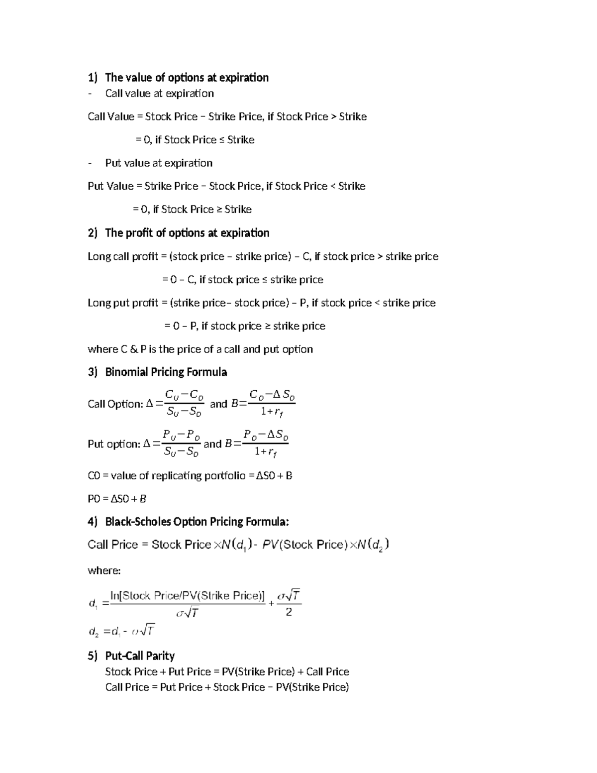 Formula Sheet for quiz 3 - The value of options at expiration Call ...