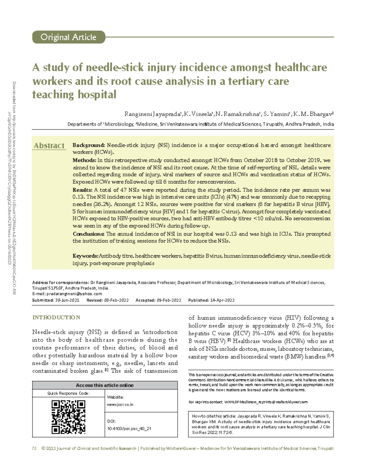 Nibble injection - 72 © 2022 Journal of Clinical and Scientific ...
