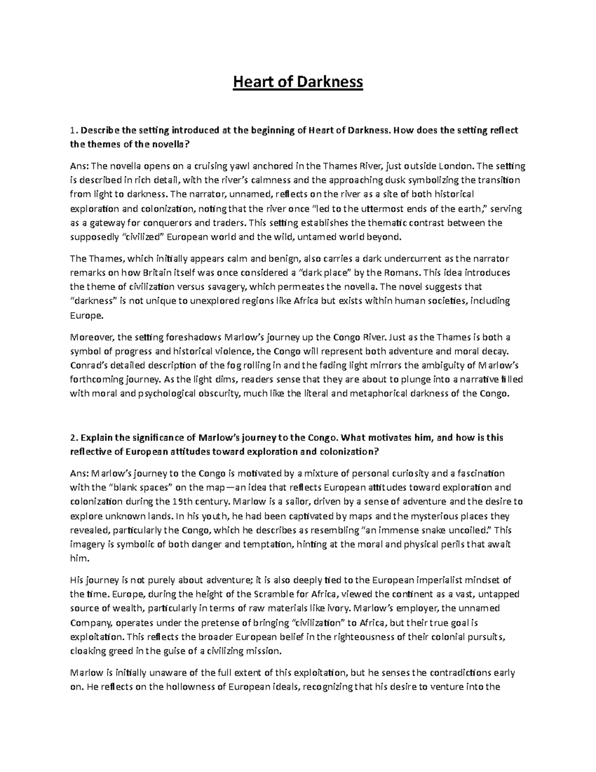Heart of Darkness Q&A - English BCA 2 nd year notes - Heart of Darkness ...