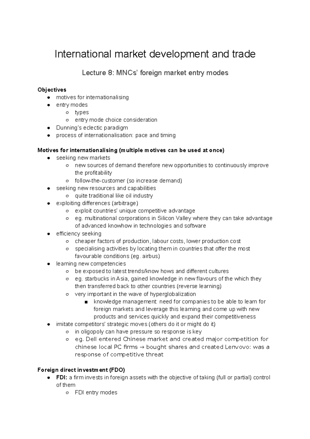 Lecture 8 MNCs' Foreign Market Entry Modes - International Market ...