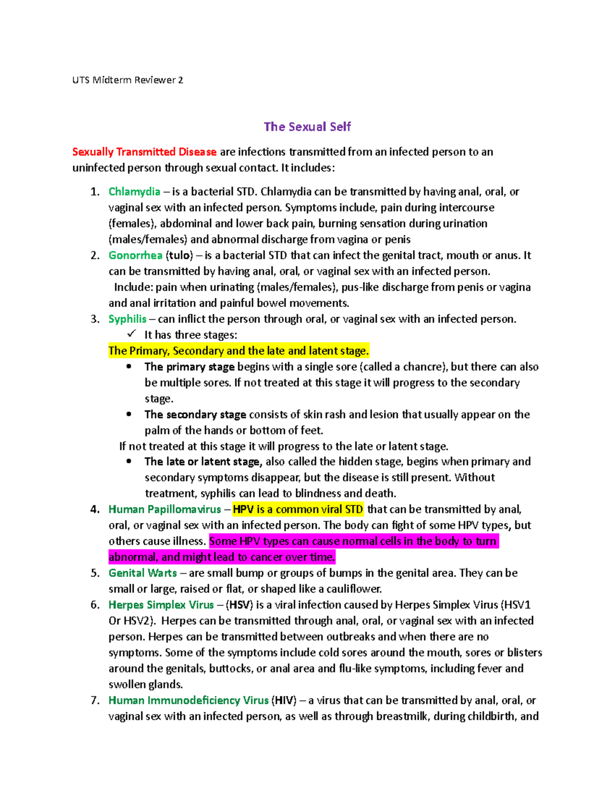 The Sexual Self Uts Midterm Reviewer 2 The Sexual Self Sexually Transmitted Disease Are 7358