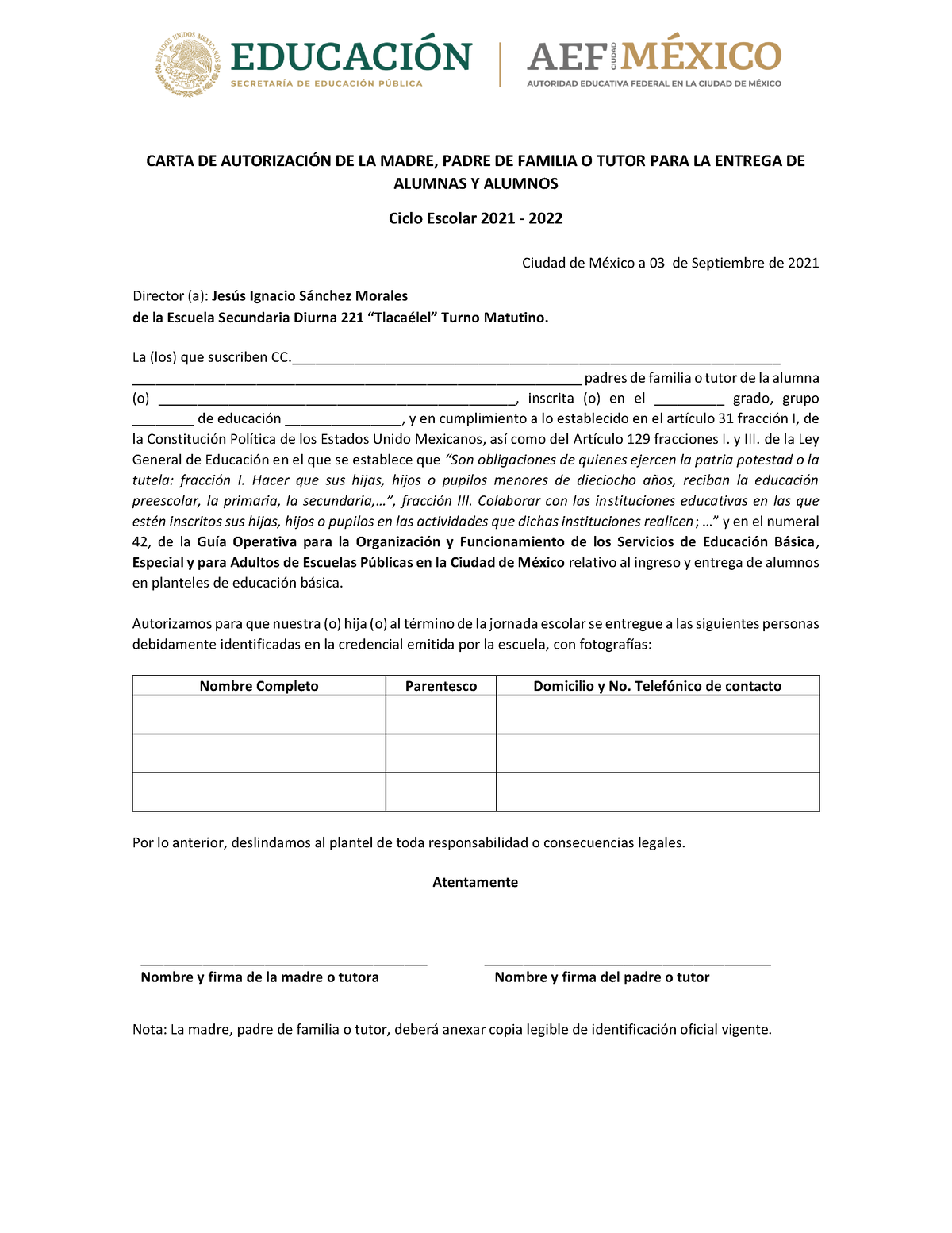 Carta Entrega - BHFH - CARTA DE AUTORIZACI”N DE LA MADRE, PADRE DE ...