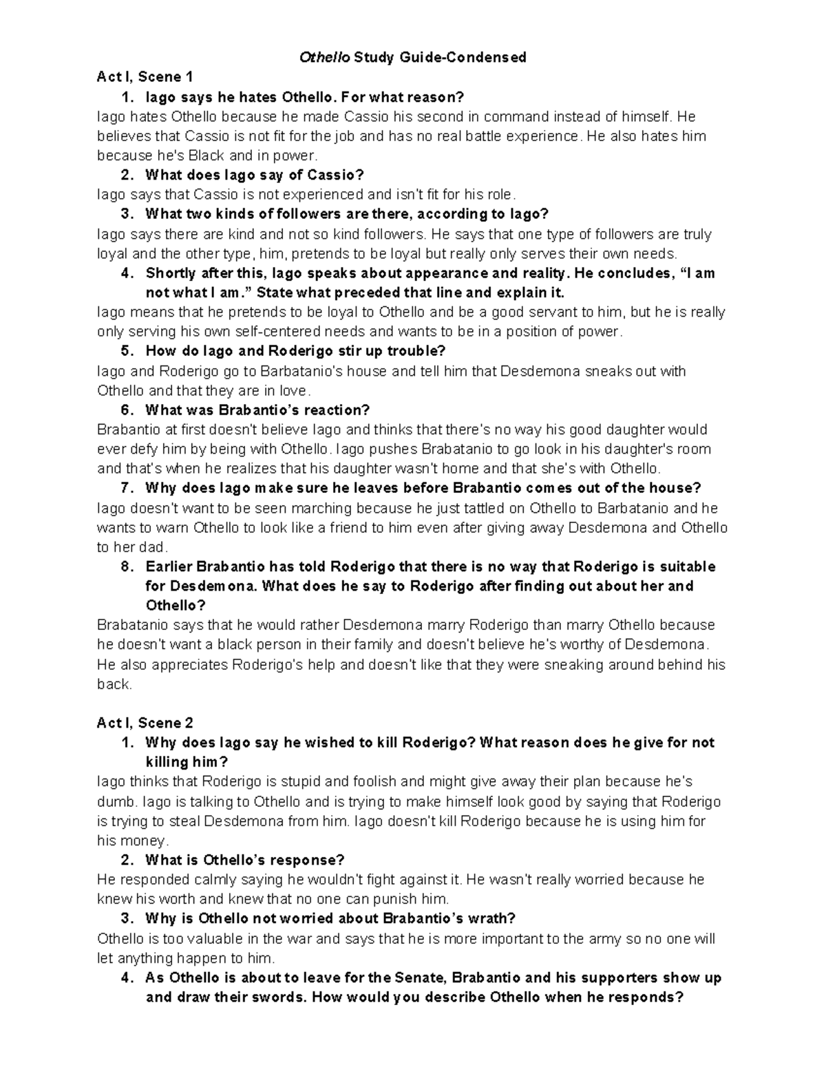 Study Guide-Full Text (Condensed) - Othello Study Guide-Condensed Act I ...
