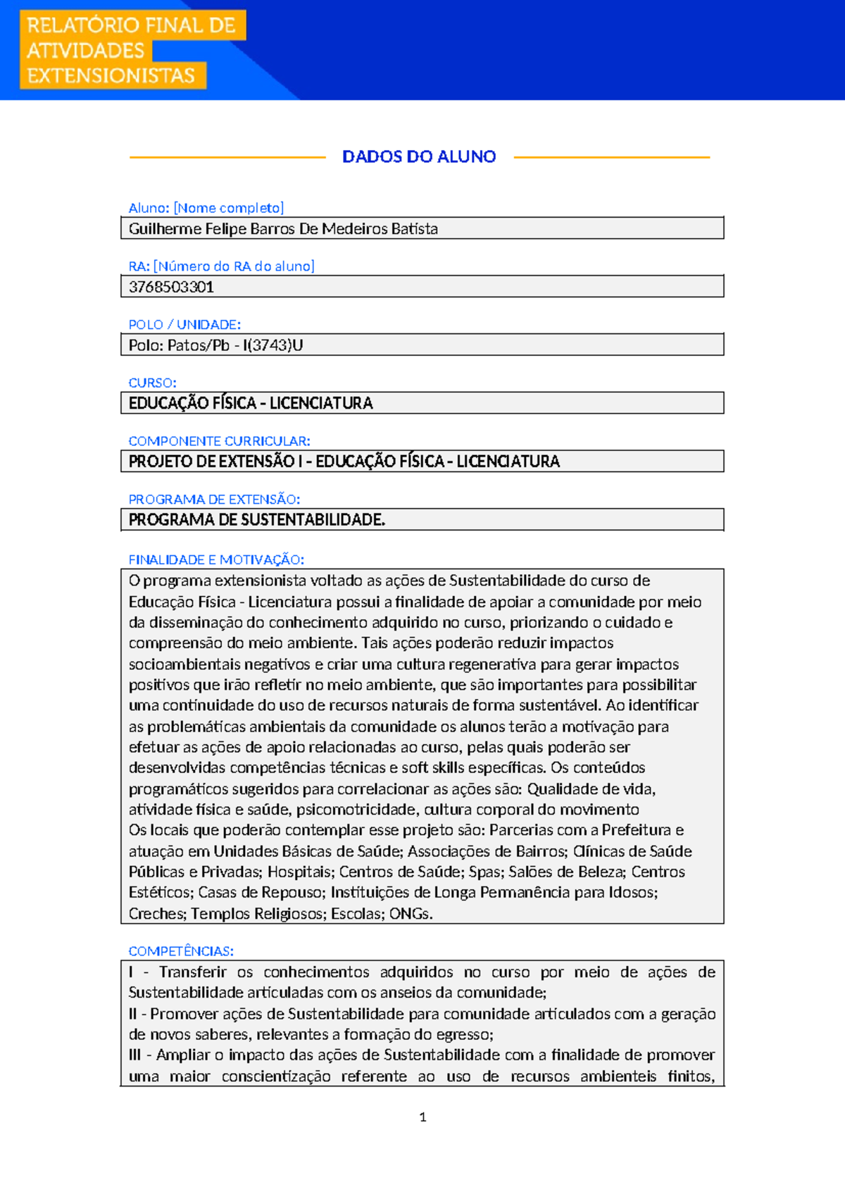 Projeto de Extensão - Educação Física - Guilherme Felipe Barros De ...
