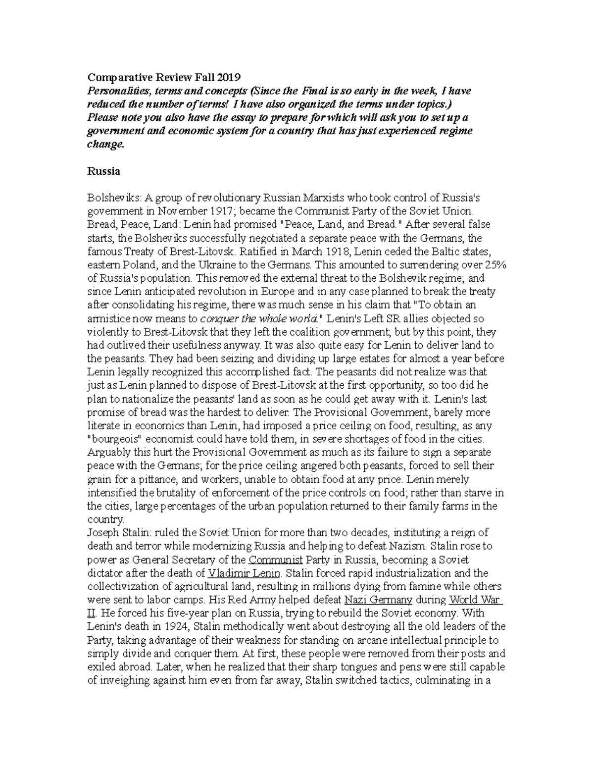 Final Review Sheet - Lecture notes 1-5 - Comparative Review Fall 2019 ...